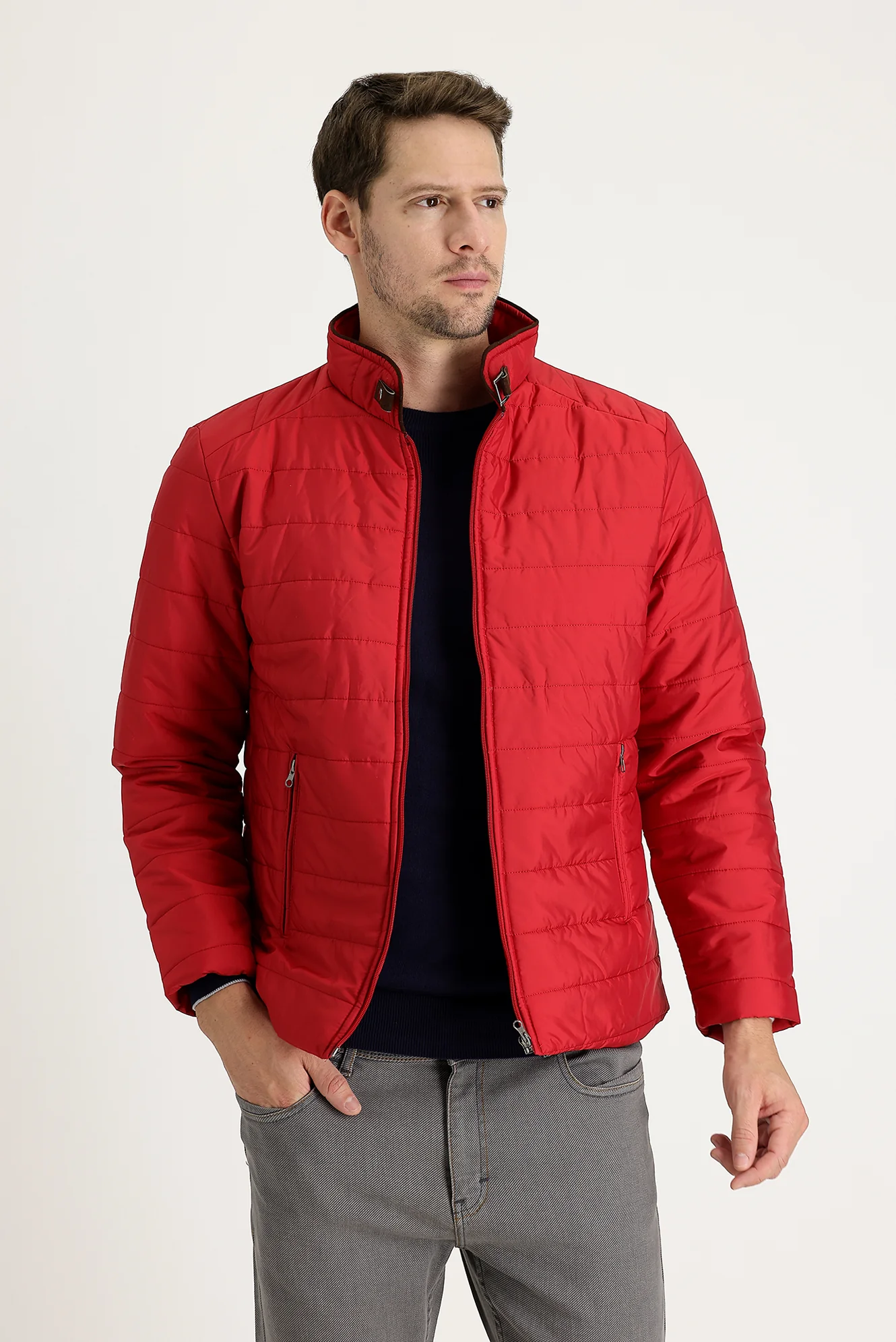 Mercan Kırmızı Super Slim Fit Ekstra Dar Kesim Kapitone Spor Mont - Image 2