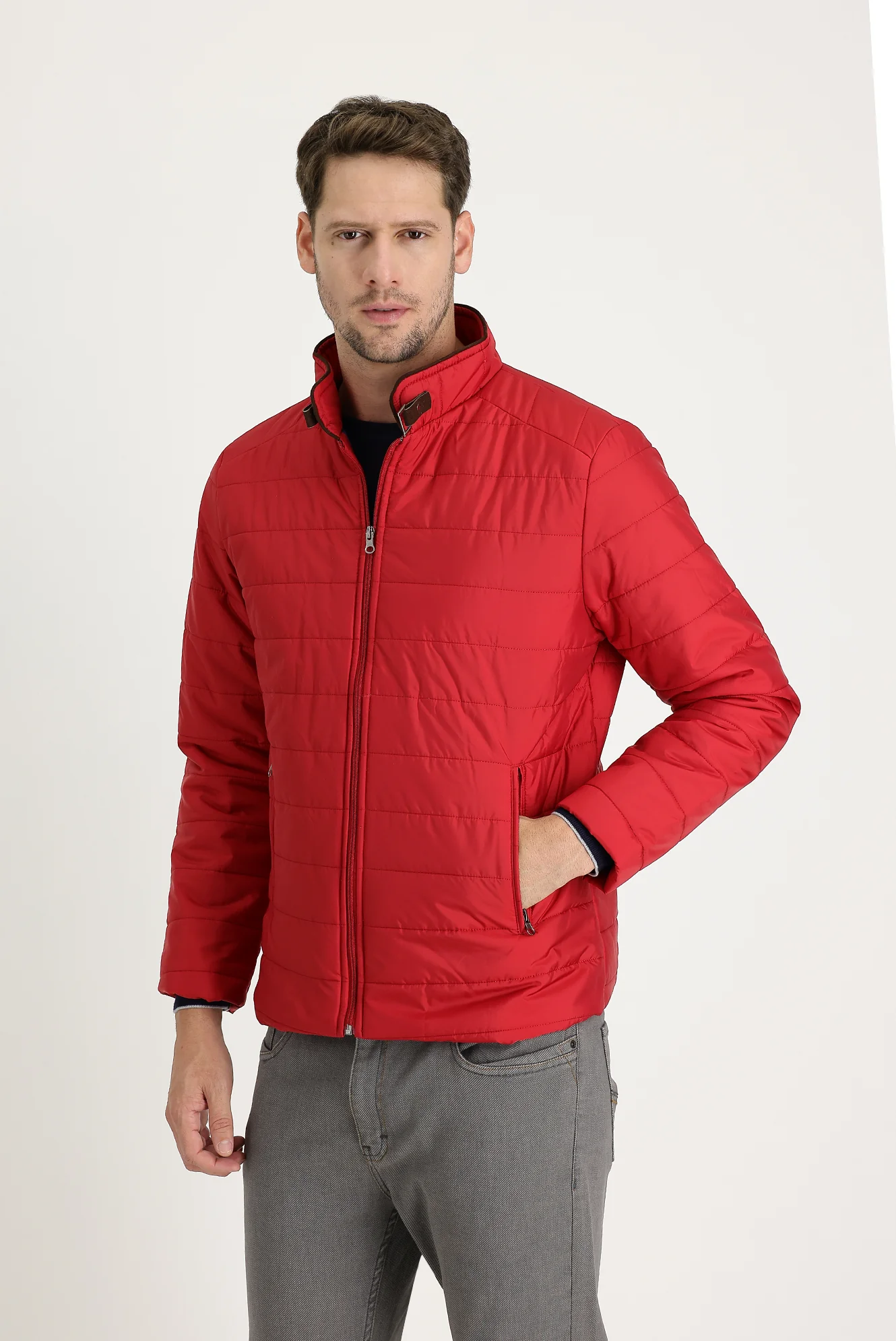 Mercan Kırmızı Super Slim Fit Ekstra Dar Kesim Kapitone Spor Mont - Image 3