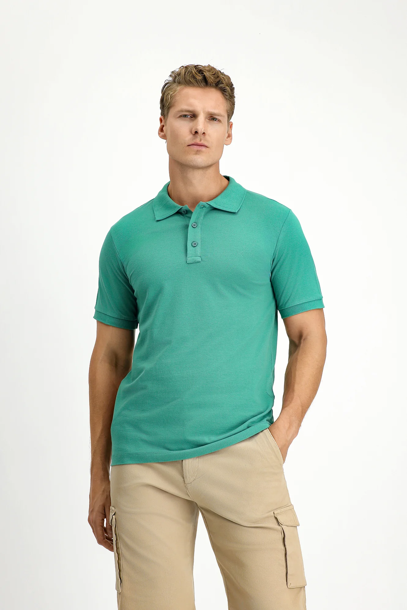 Mercan Yeşili Slim Fit Dar Kesim Pamuk Kıvrılmaz Polo Yaka Tişört