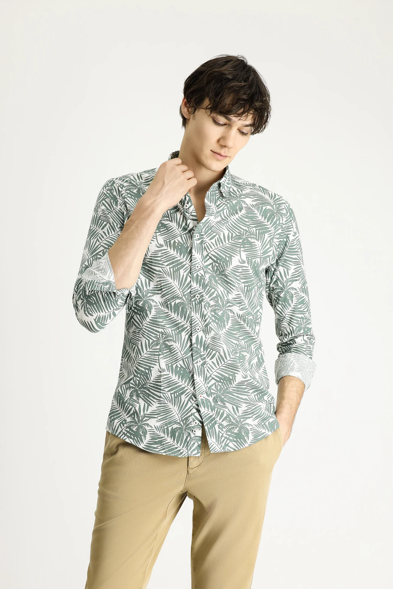 Mint Yeşili Uzun Kol Slim Fit Dar Kesim Baskılı Pamuk Gömlek