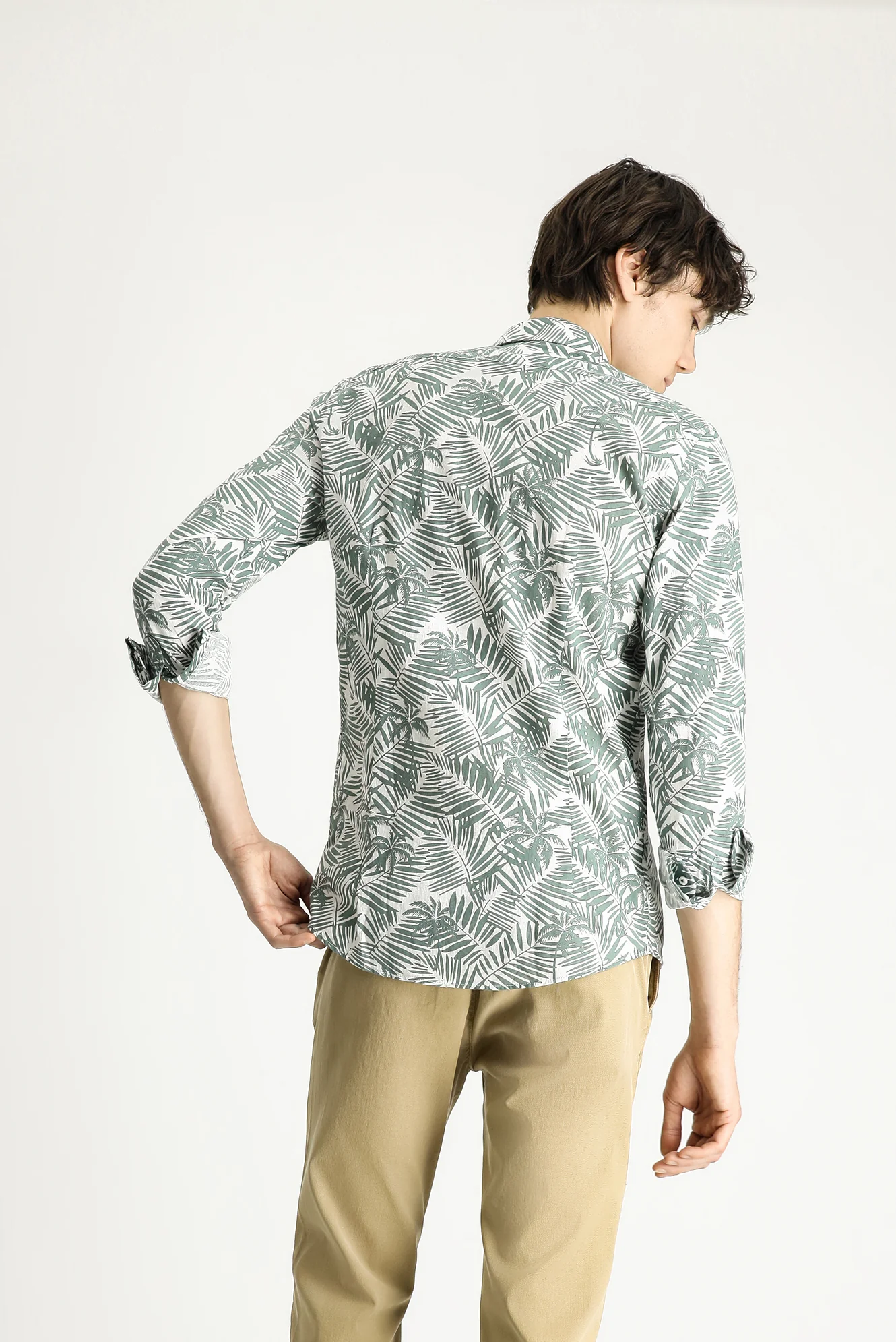Mint Yeşili Uzun Kol Slim Fit Dar Kesim Baskılı Pamuk Gömlek - Image 3