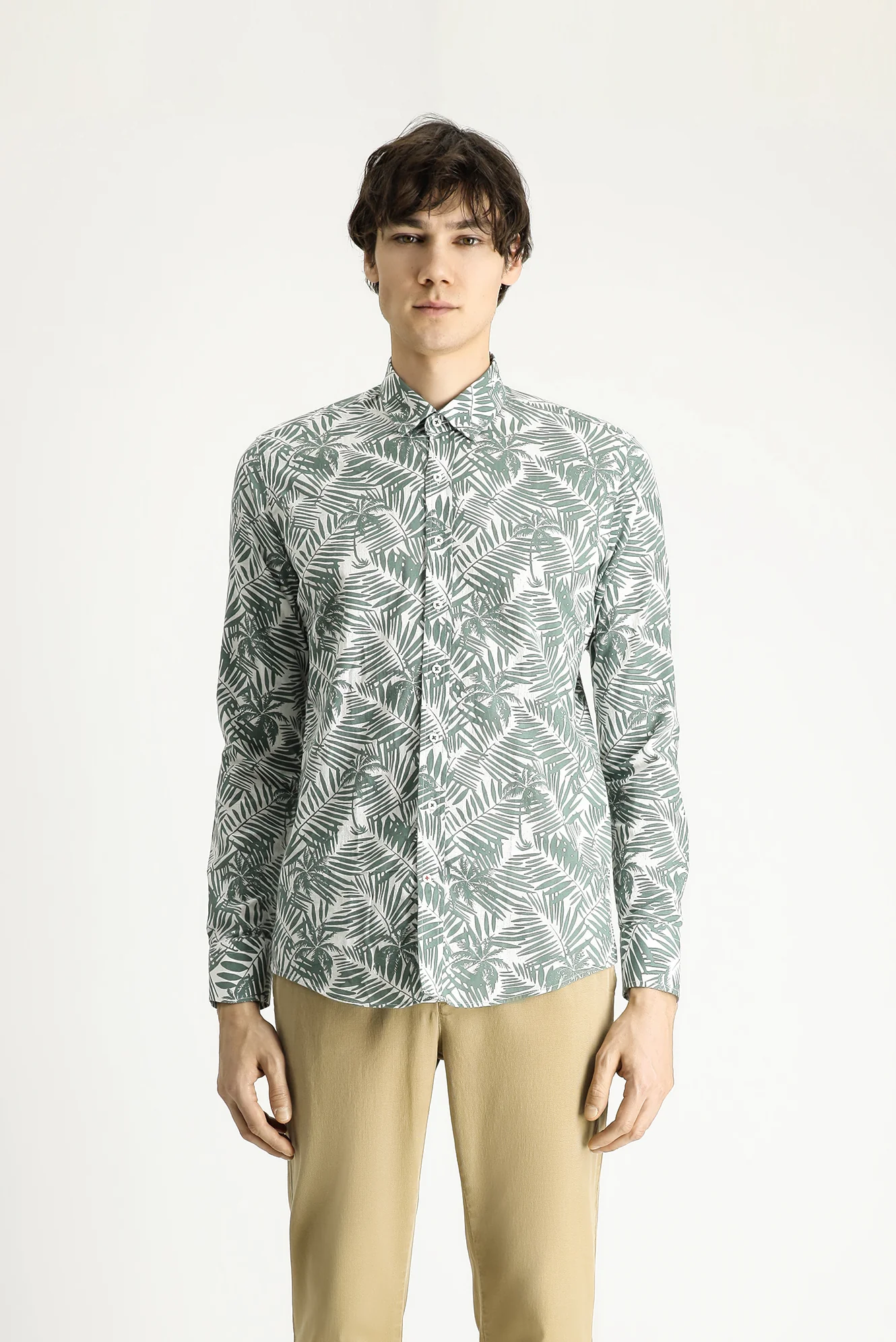 Mint Yeşili Uzun Kol Slim Fit Dar Kesim Baskılı Pamuk Gömlek - Image 5