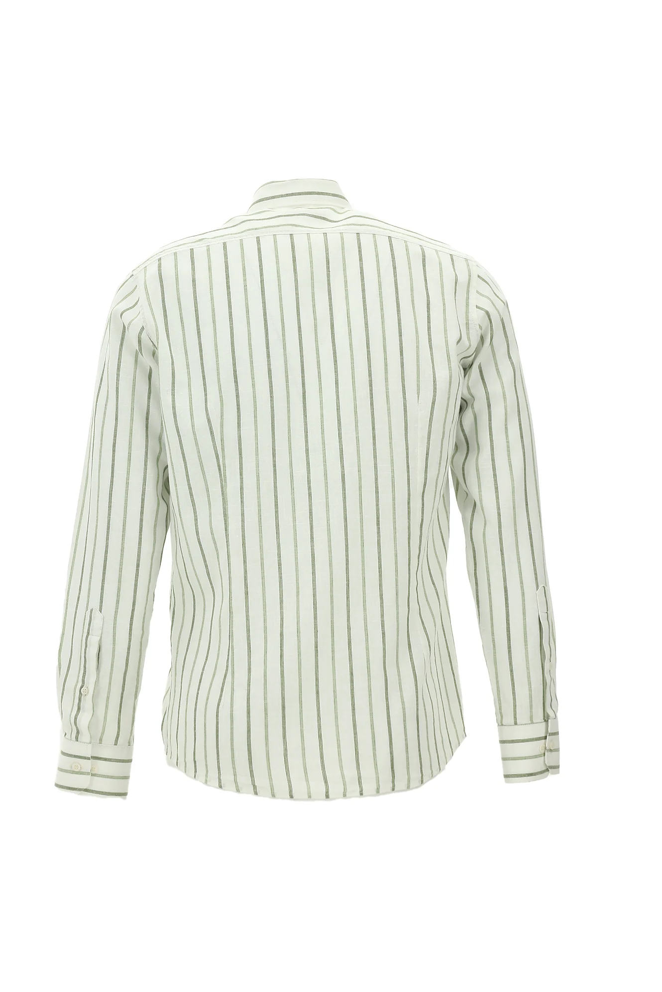 Mint Yeşili Uzun Kol Slim Fit Dar Kesim Çizgili Keten Gömlek - Image 2