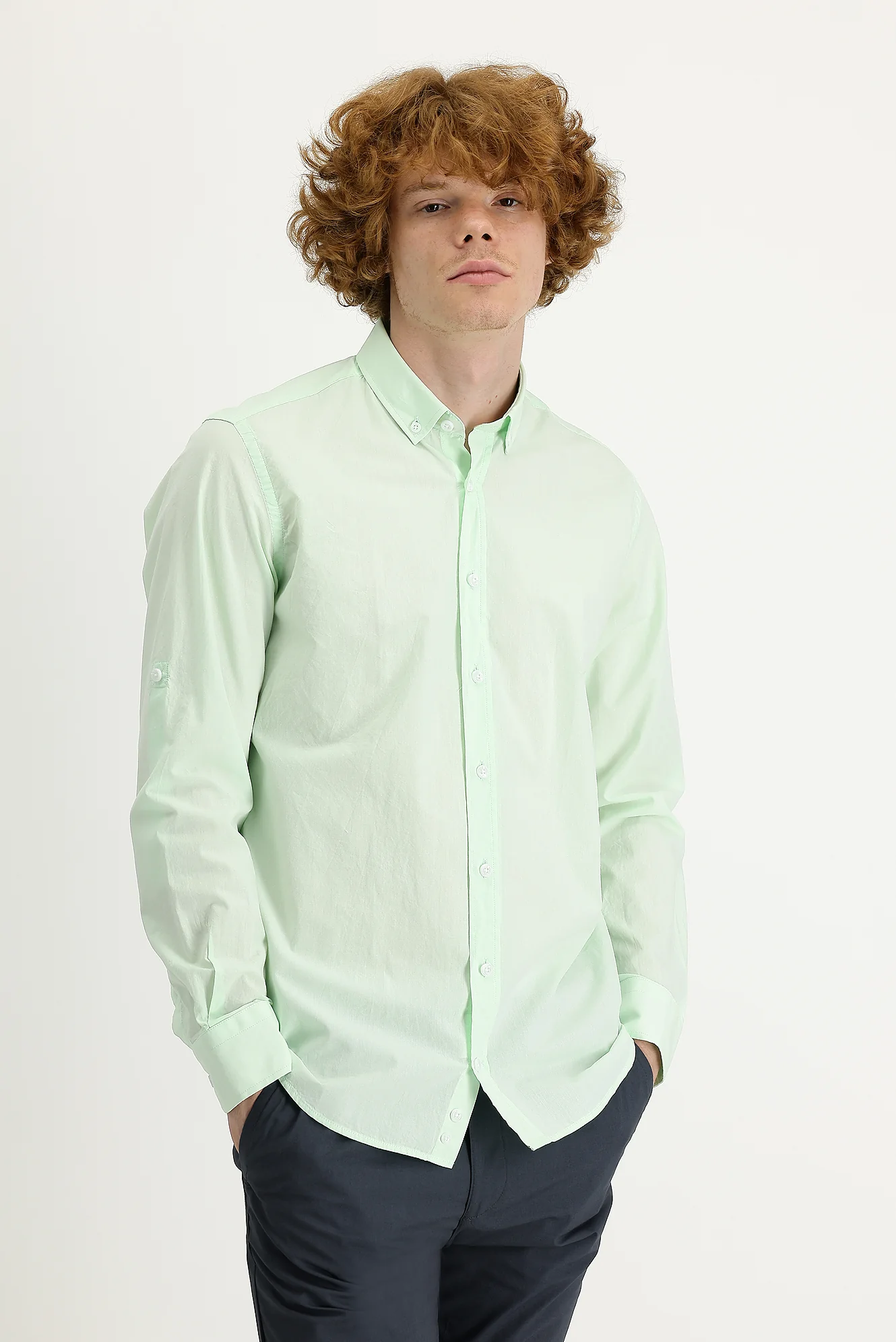 Mint Yeşili Uzun Kol Slim Fit Dar Kesim Pamuk Gömlek - Image 3