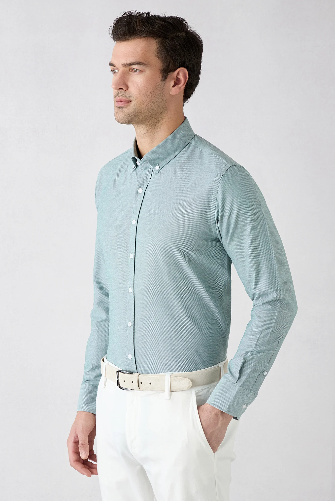 Mint Yeşili Uzun Kol Slim Fit Düğmeli Yaka Pamuklu Kolay Ütülenebilir 4 Mevsim Oxford Gömlek - Image 2
