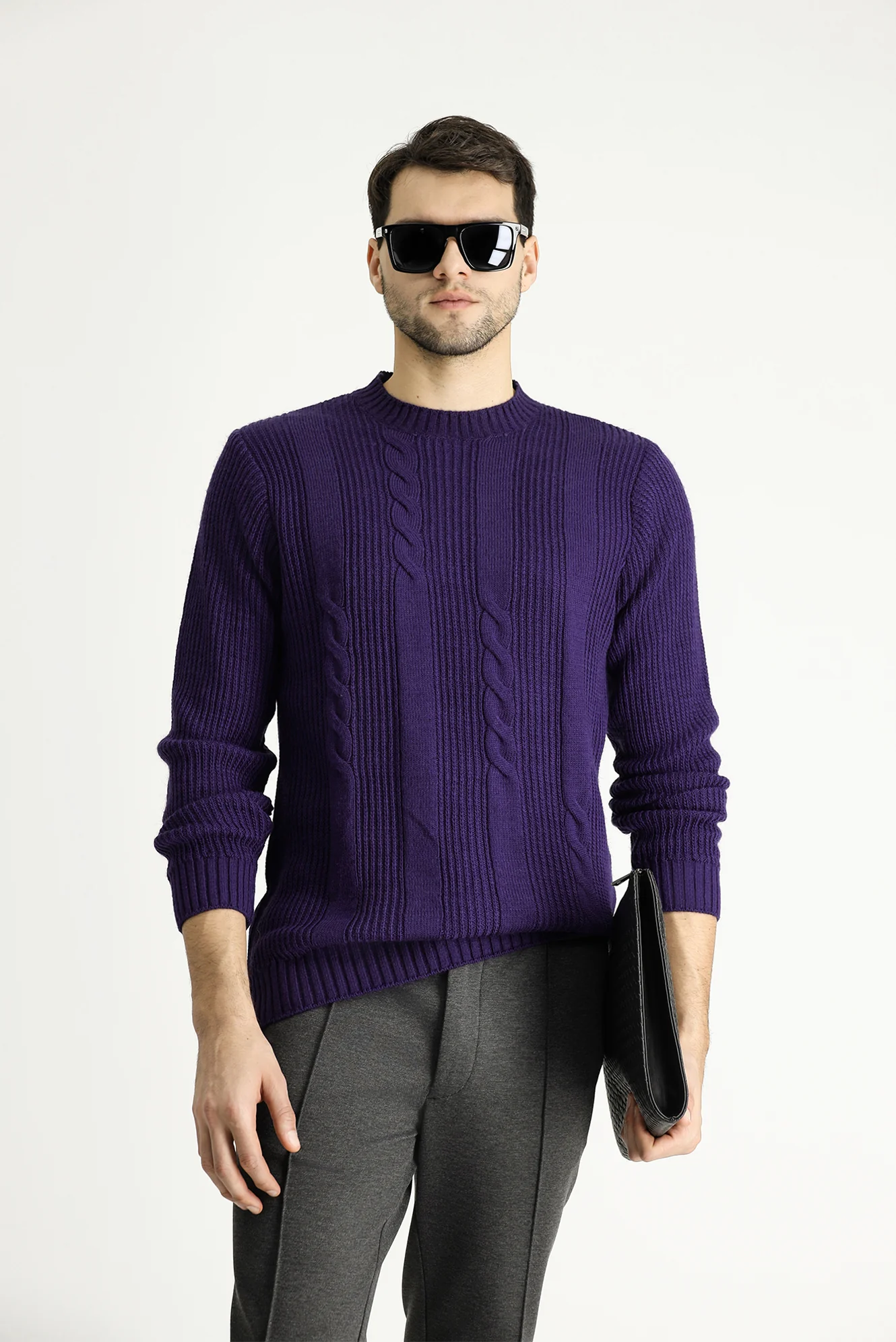 Mor Bisiklet Yaka Slim Fit Desenli Triko Kazak - Image 3