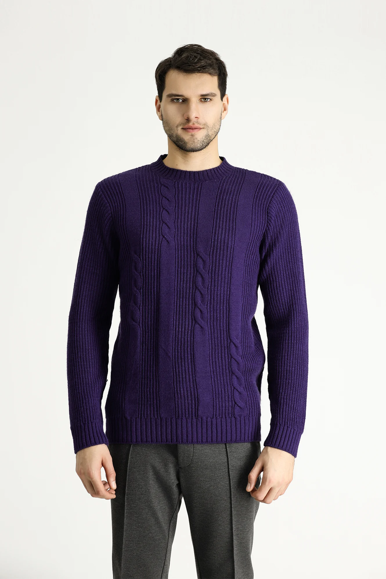 Mor Bisiklet Yaka Slim Fit Desenli Triko Kazak - Image 4