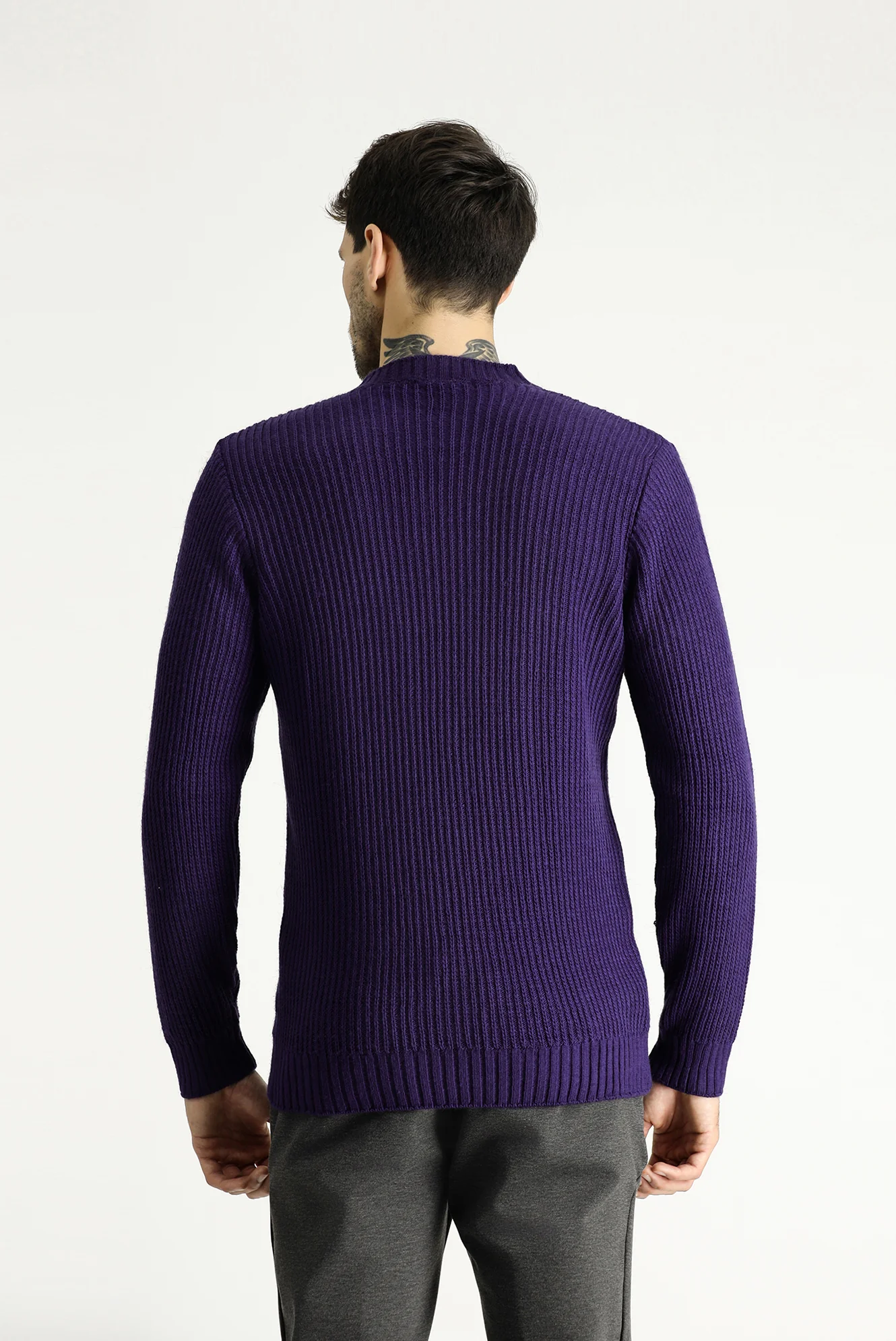 Mor Bisiklet Yaka Slim Fit Desenli Triko Kazak - Image 5