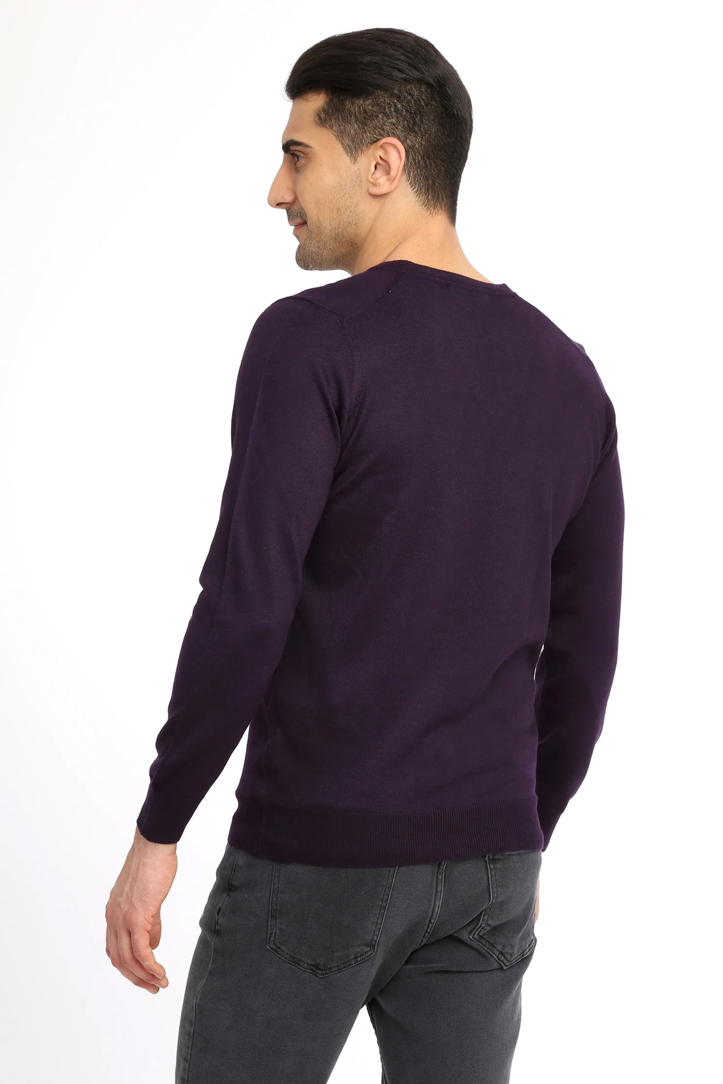 Mor V Yaka Regular Fit Yünlü Triko Kazak - Image 3