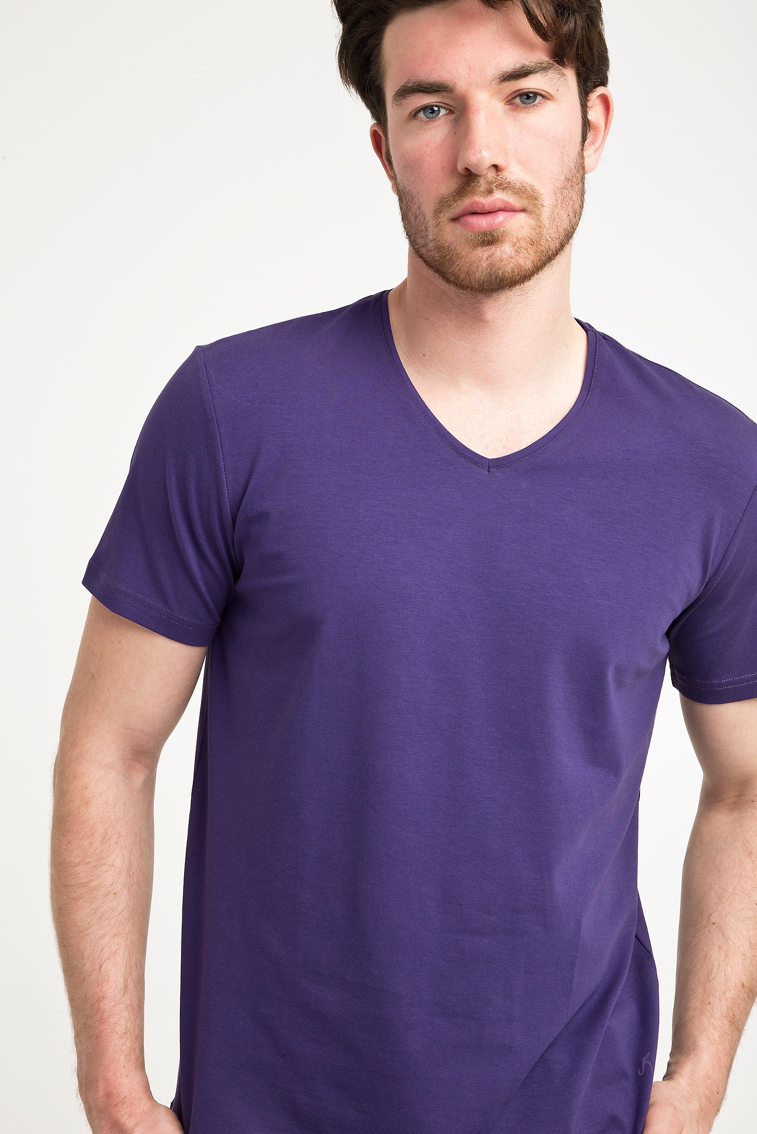 Mor V Yaka Slim Fit Dar Kesim Tişört - Image 2