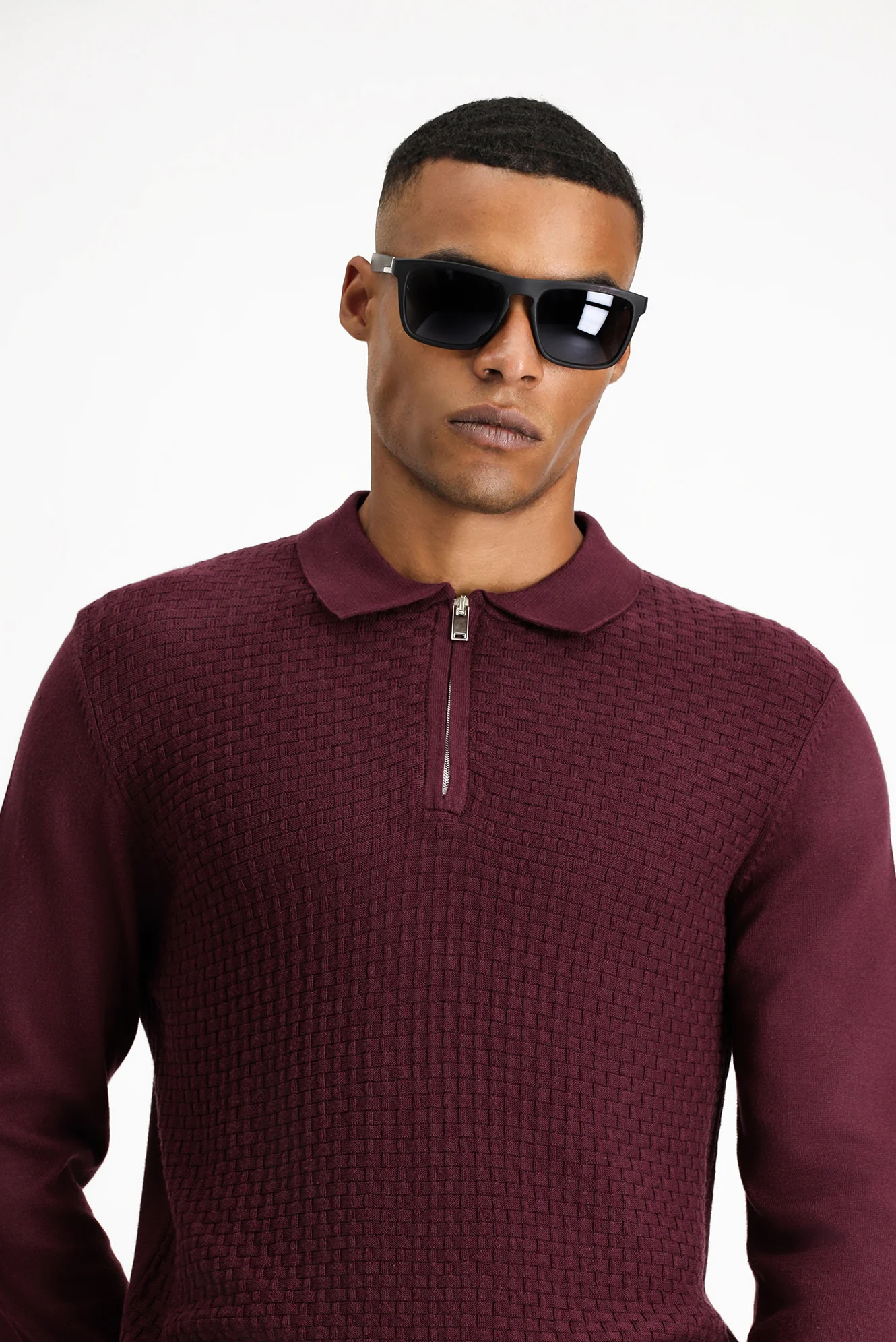 Mürdüm Polo Yaka Regular Fit Fermuarlı Desenli Pamuklu Triko Kazak - Image 3