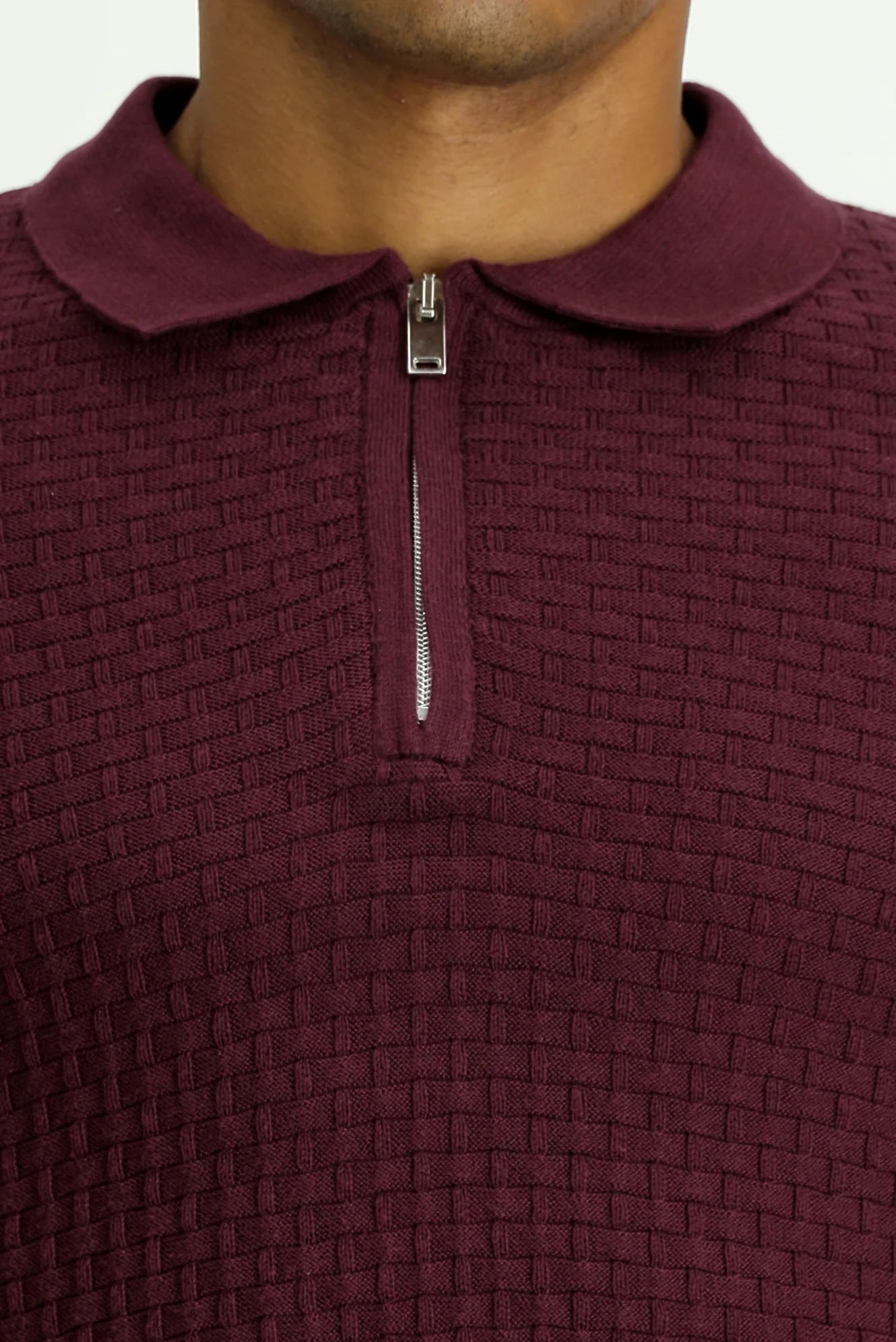 Mürdüm Polo Yaka Regular Fit Fermuarlı Desenli Pamuklu Triko Kazak - Image 5