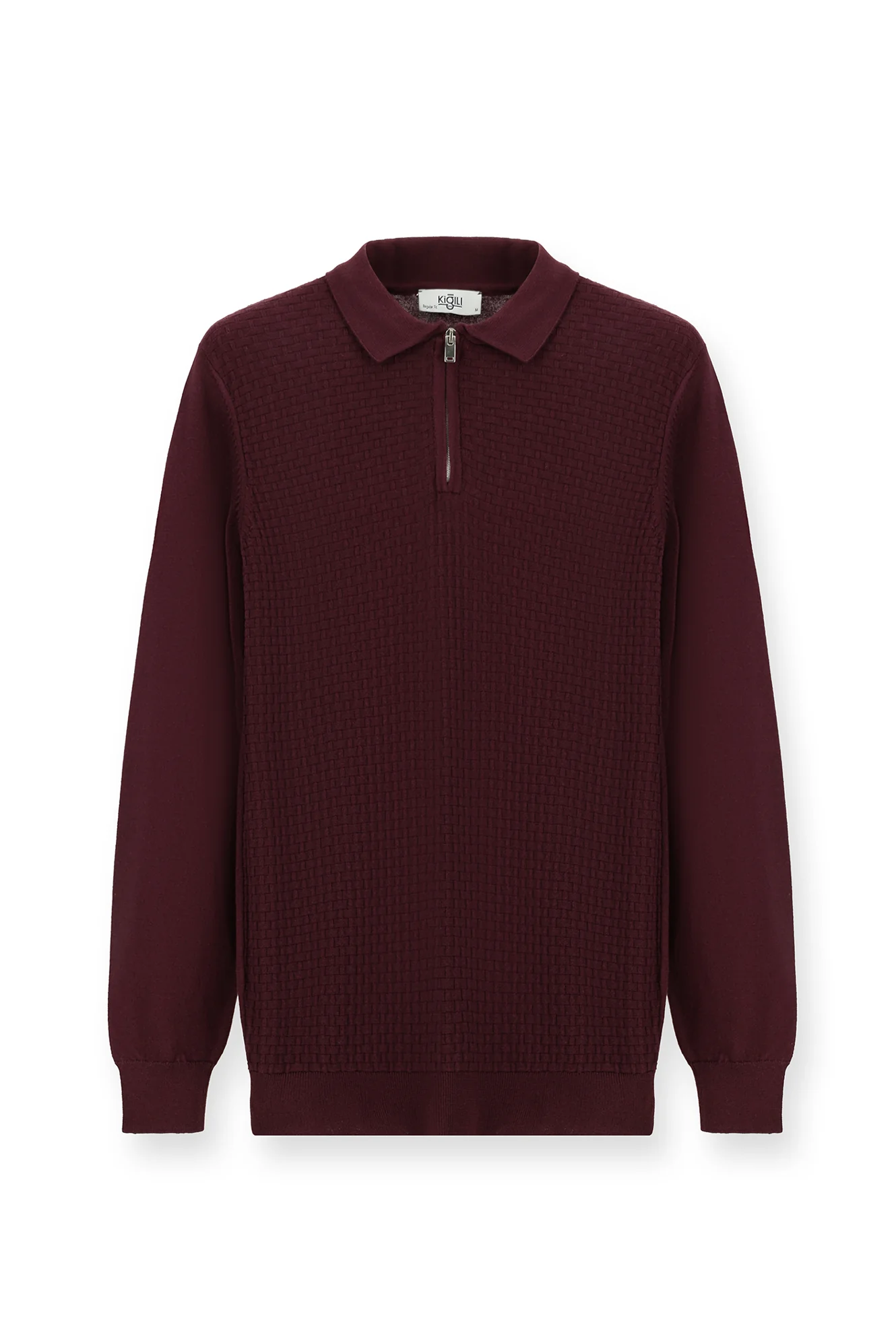 Mürdüm Polo Yaka Regular Fit Fermuarlı Desenli Pamuklu Triko Kazak - Image 7