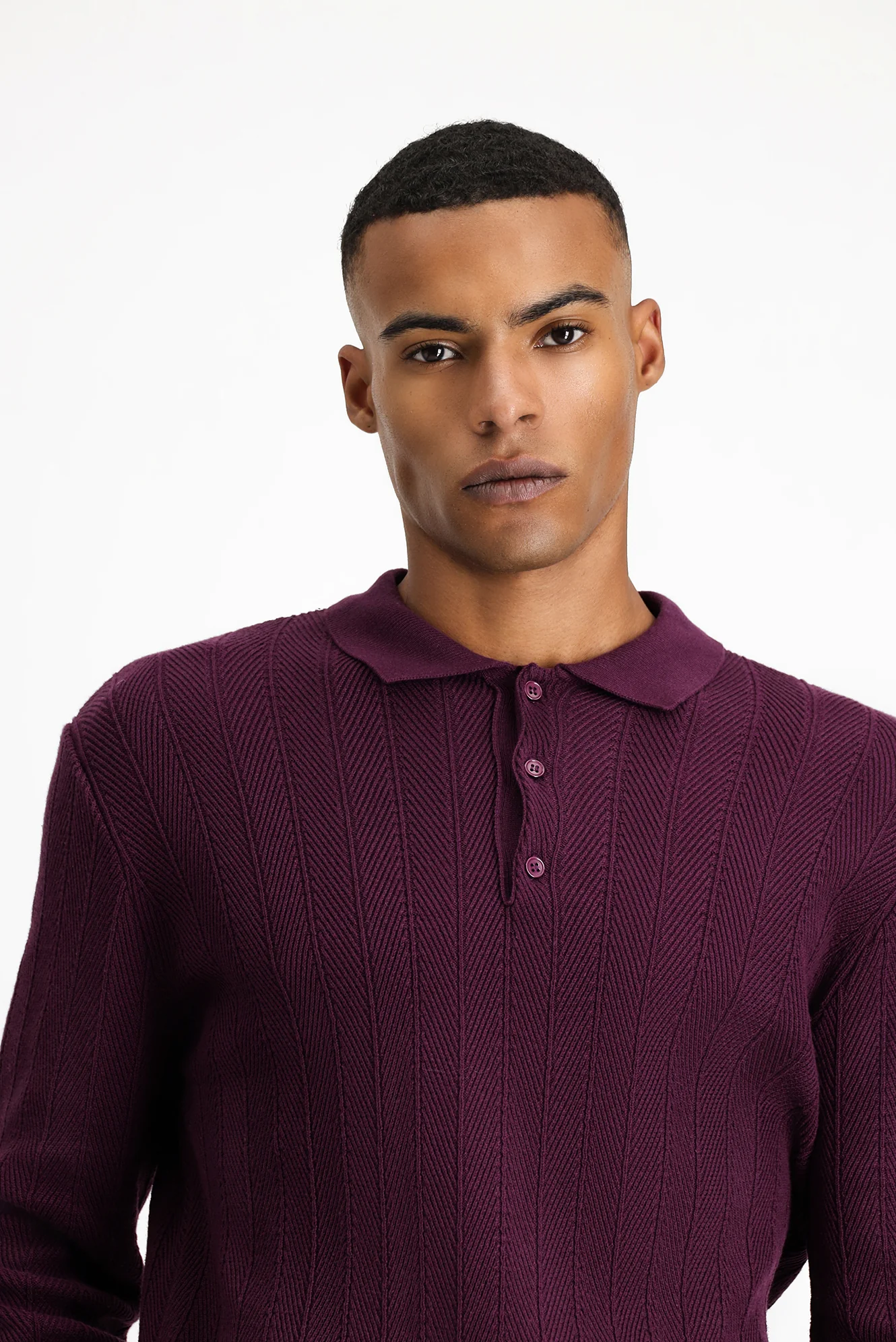 Mürdüm Polo Yaka Düğmeli Slim Fit Desenli Pamuklu Triko Kazak - Image 3