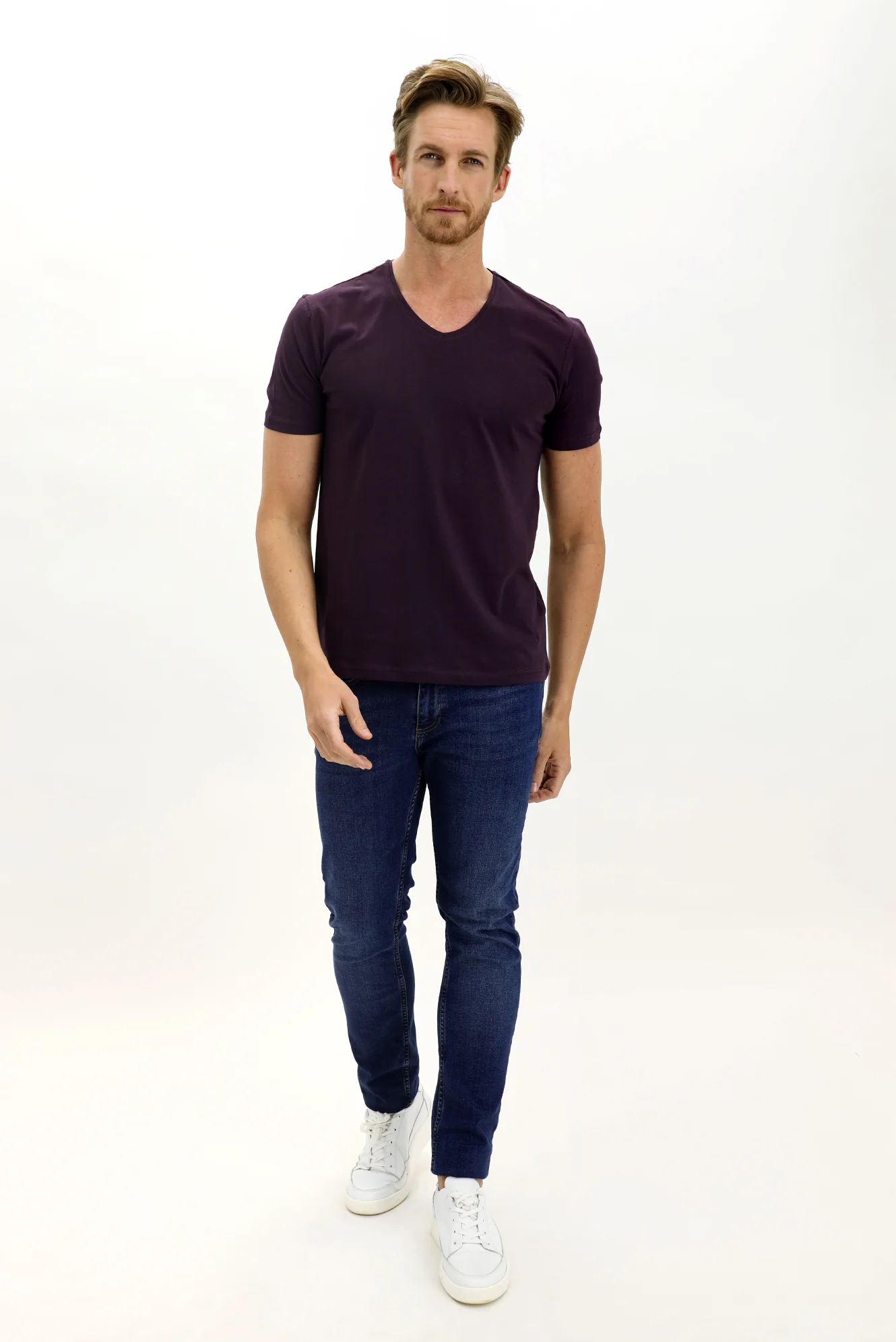 Mürdüm V Yaka Slim Fit Dar Kesim Pamuk Tişört - Image 2