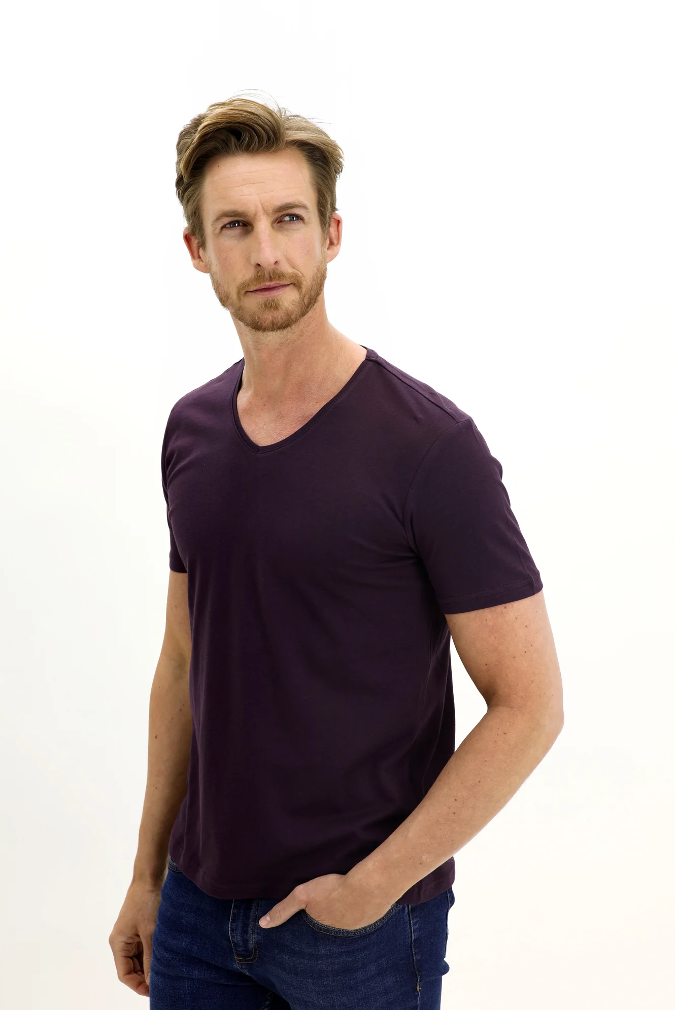 Mürdüm V Yaka Slim Fit Dar Kesim Pamuk Tişört - Image 3