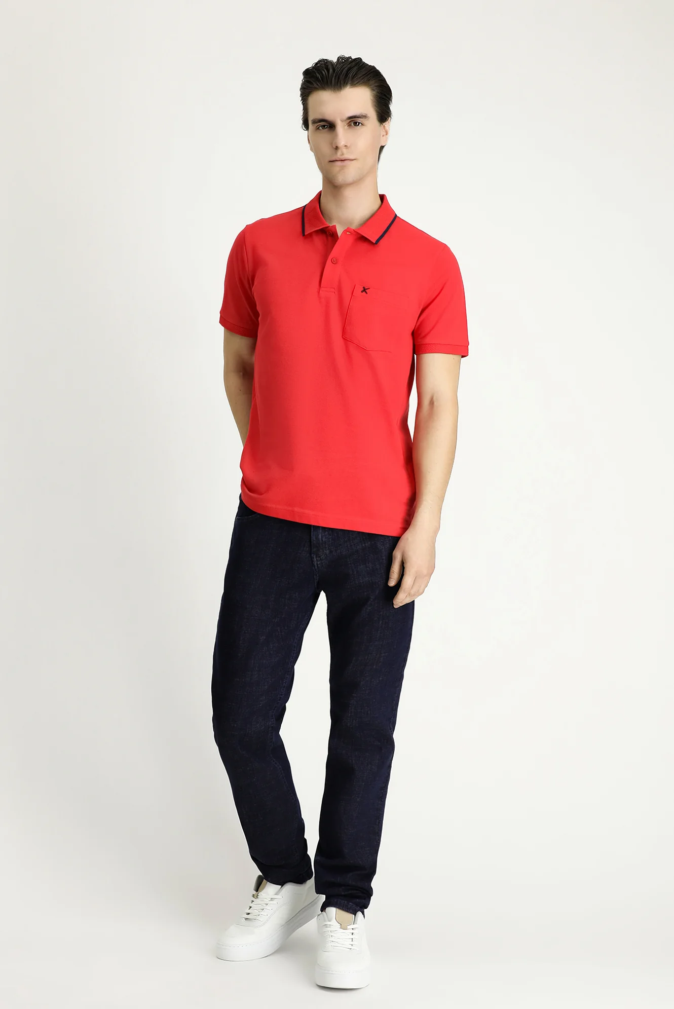 Nar Çiçeği Slim Fit Dar Kesim Desenli Nakışlı Pamuk Polo Yaka Tişört - Image 2