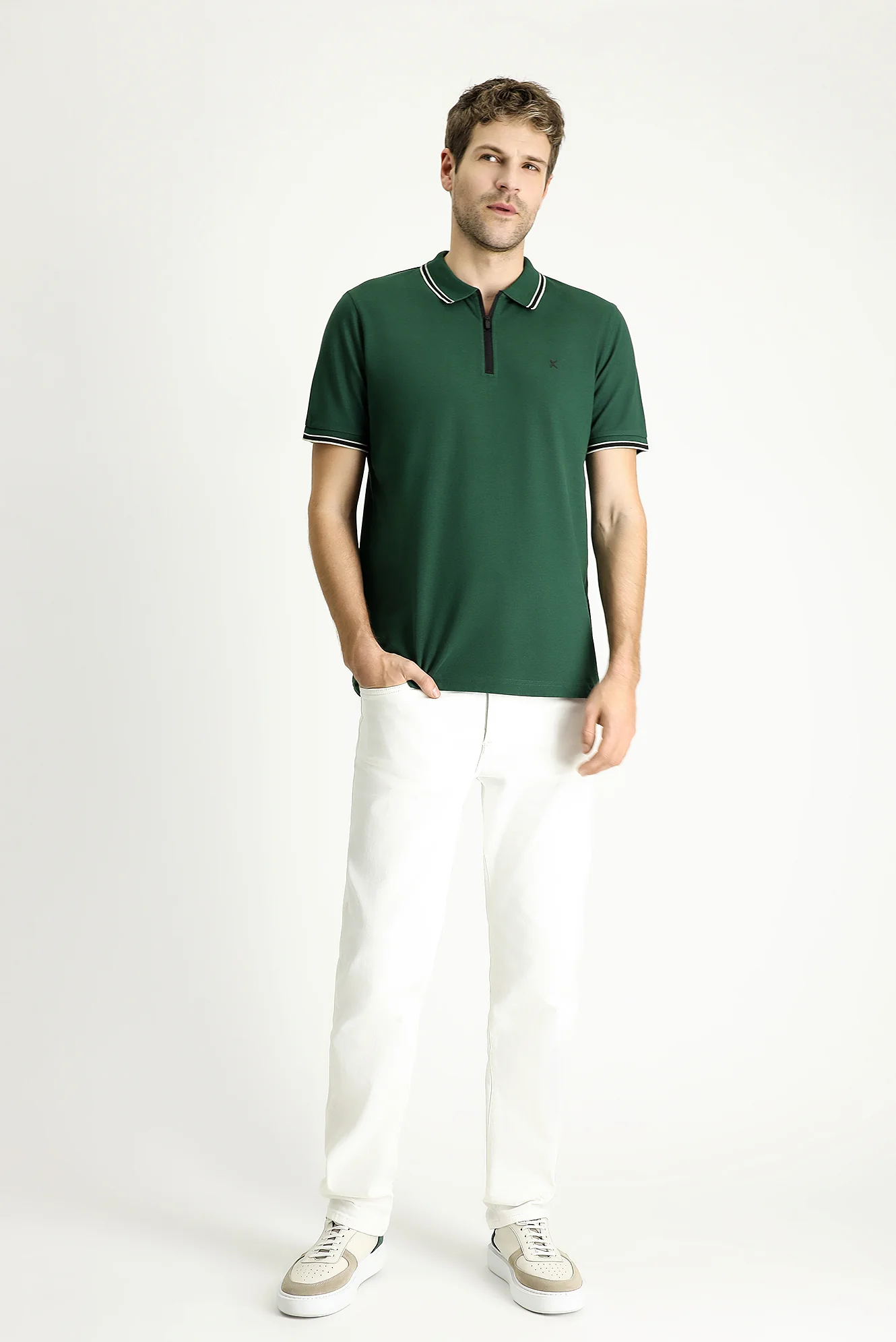 Orman Yeşili Polo Yaka Regular Fit Fermuarlı Desenli Pamuk Tişört - Image 2