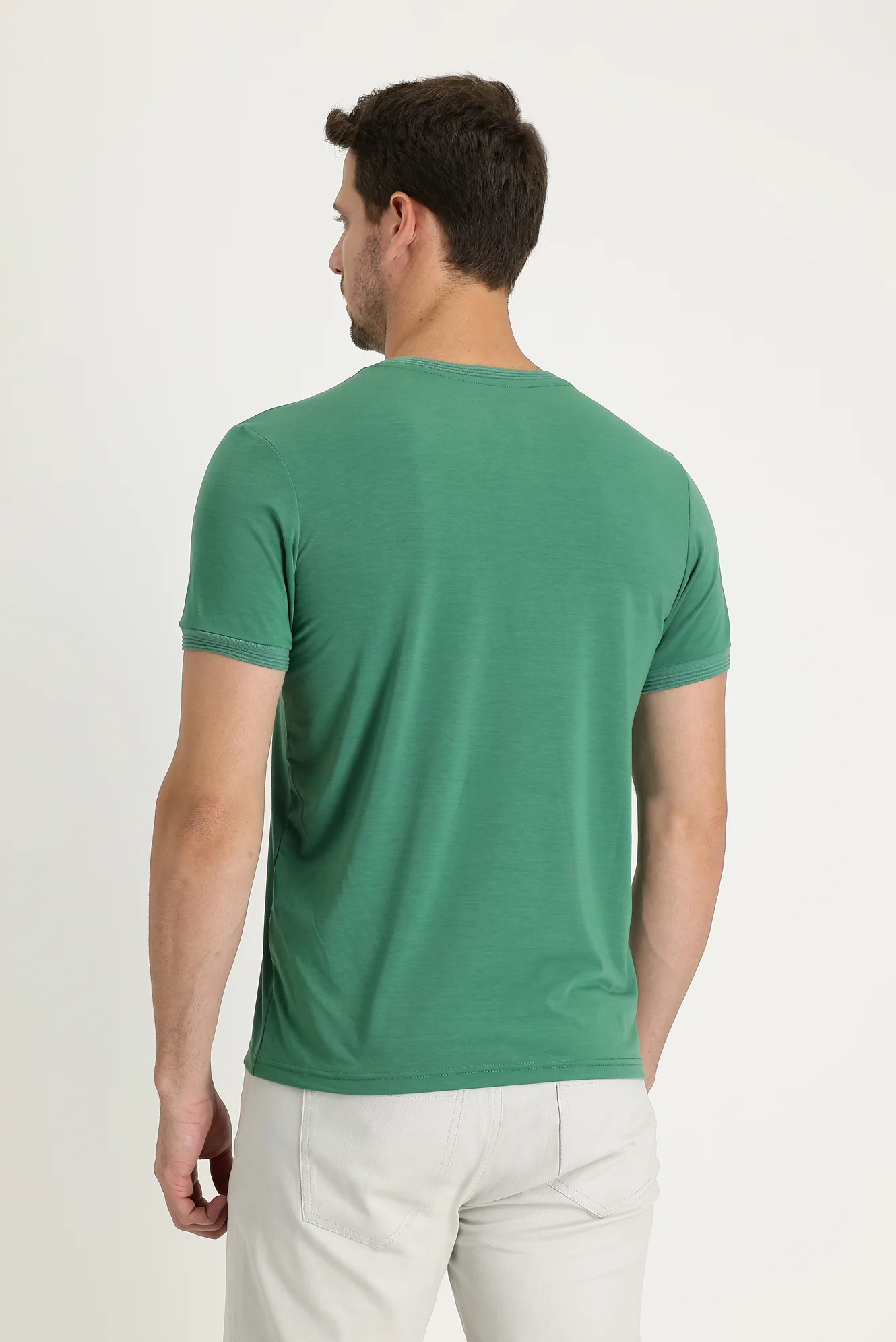 Orman Yeşili V Yaka Slim Fit Dar Kesim Nakışlı Tişört - Image 4