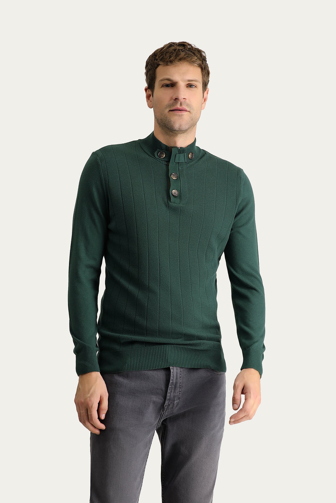 Orman Yeşili Yarım Balıkçı Yaka Slim Fit Dar Kesim Desenli Pamuklu Triko Kazak - Image 3
