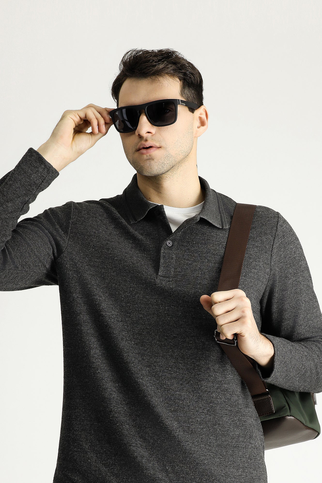 Orta Anrasit Melanj Polo Yaka Desenli Nakışlı Sweatshirt