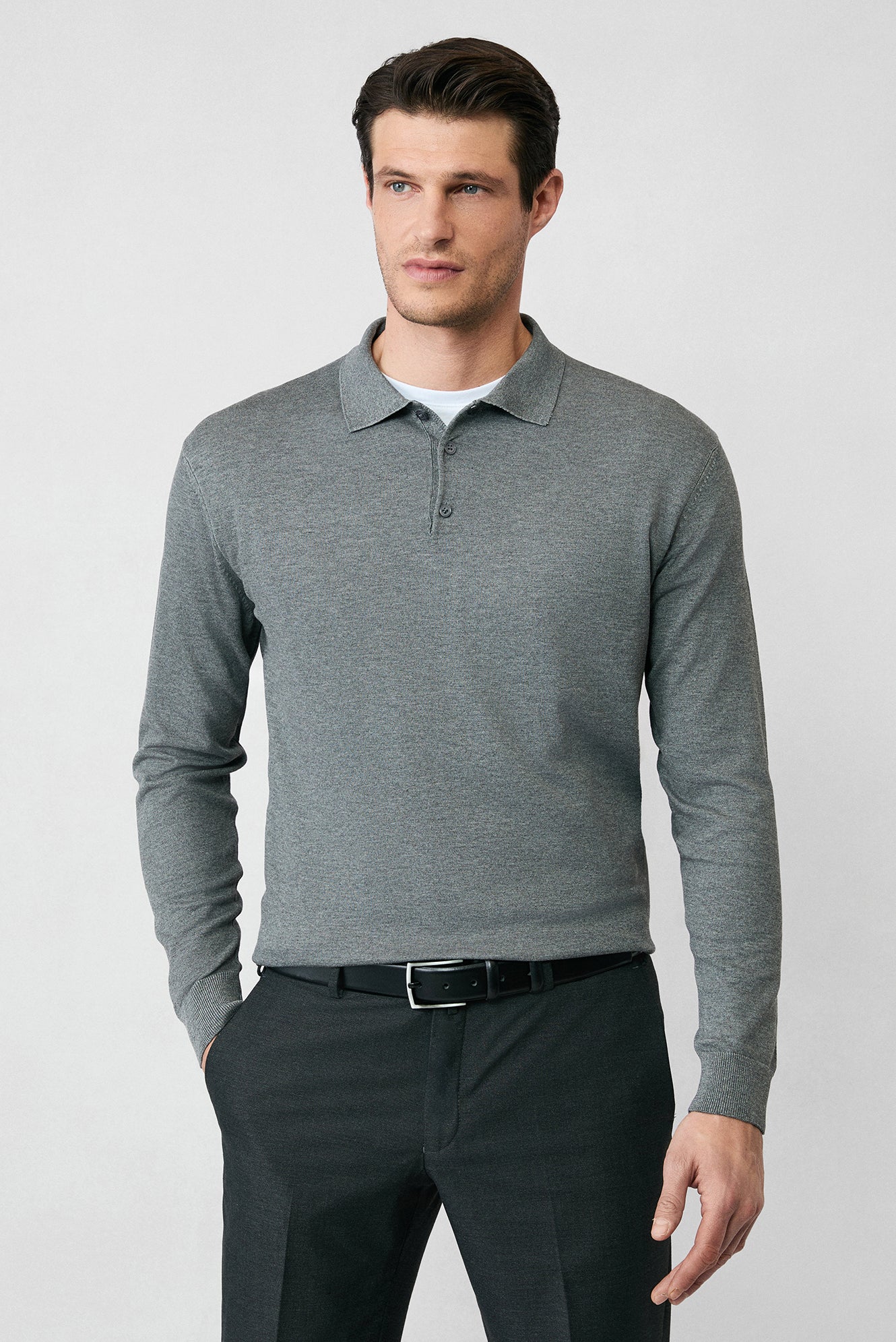 Orta Anrasit Melanj Regular Fit Düğmeli Polo Yaka Triko Kazak