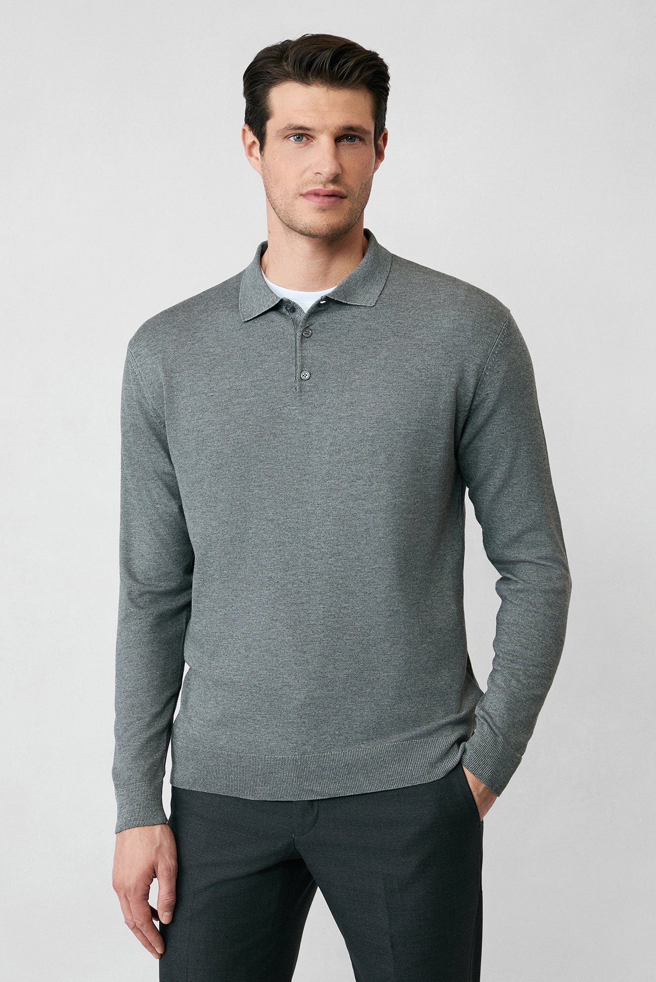 Orta Anrasit Melanj Regular Fit Düğmeli Polo Yaka Triko Kazak - Image 3