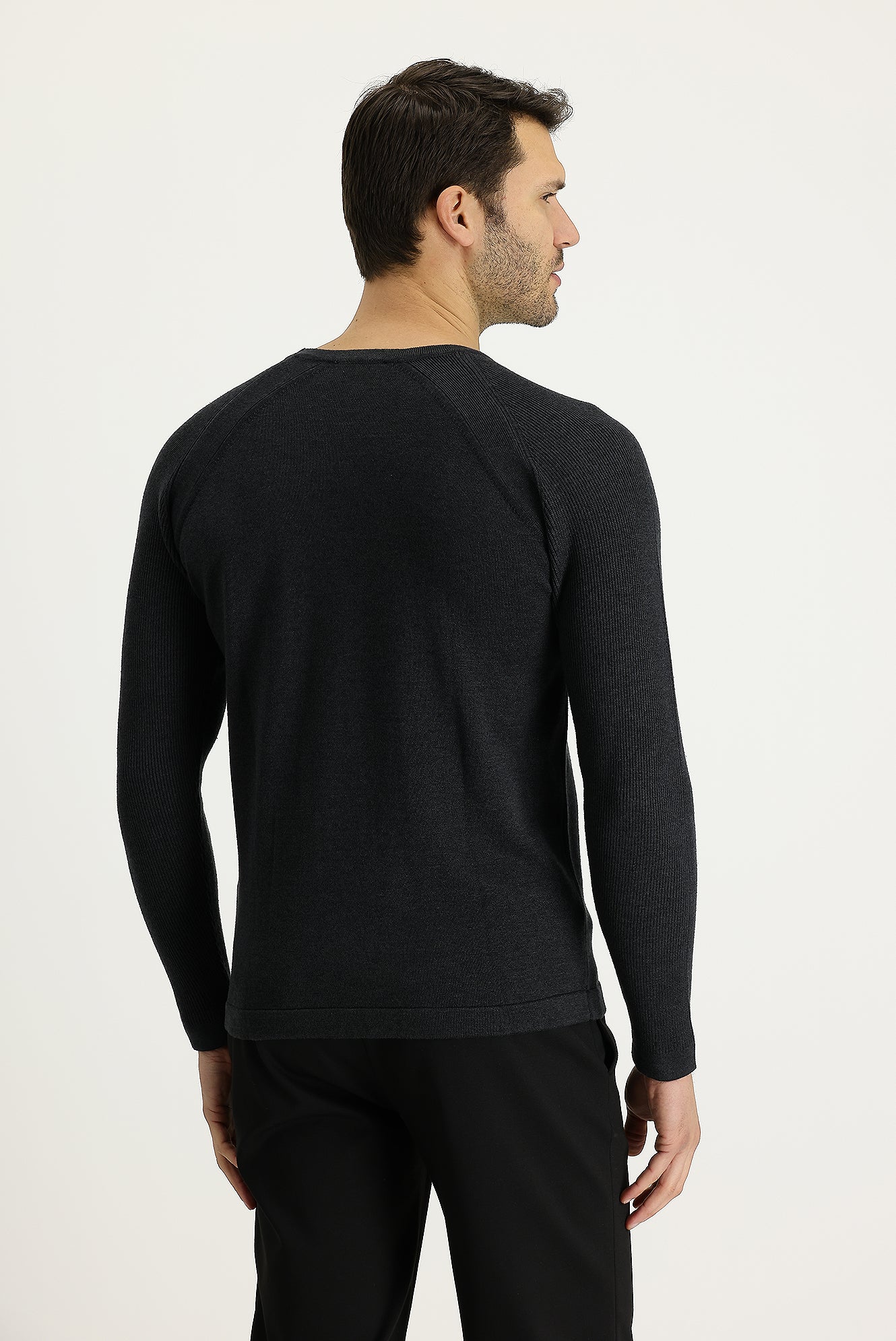 Orta Antrasit Bisiklet Yaka Slim Fit Desenli Pamuklu Triko Kazak - Image 3