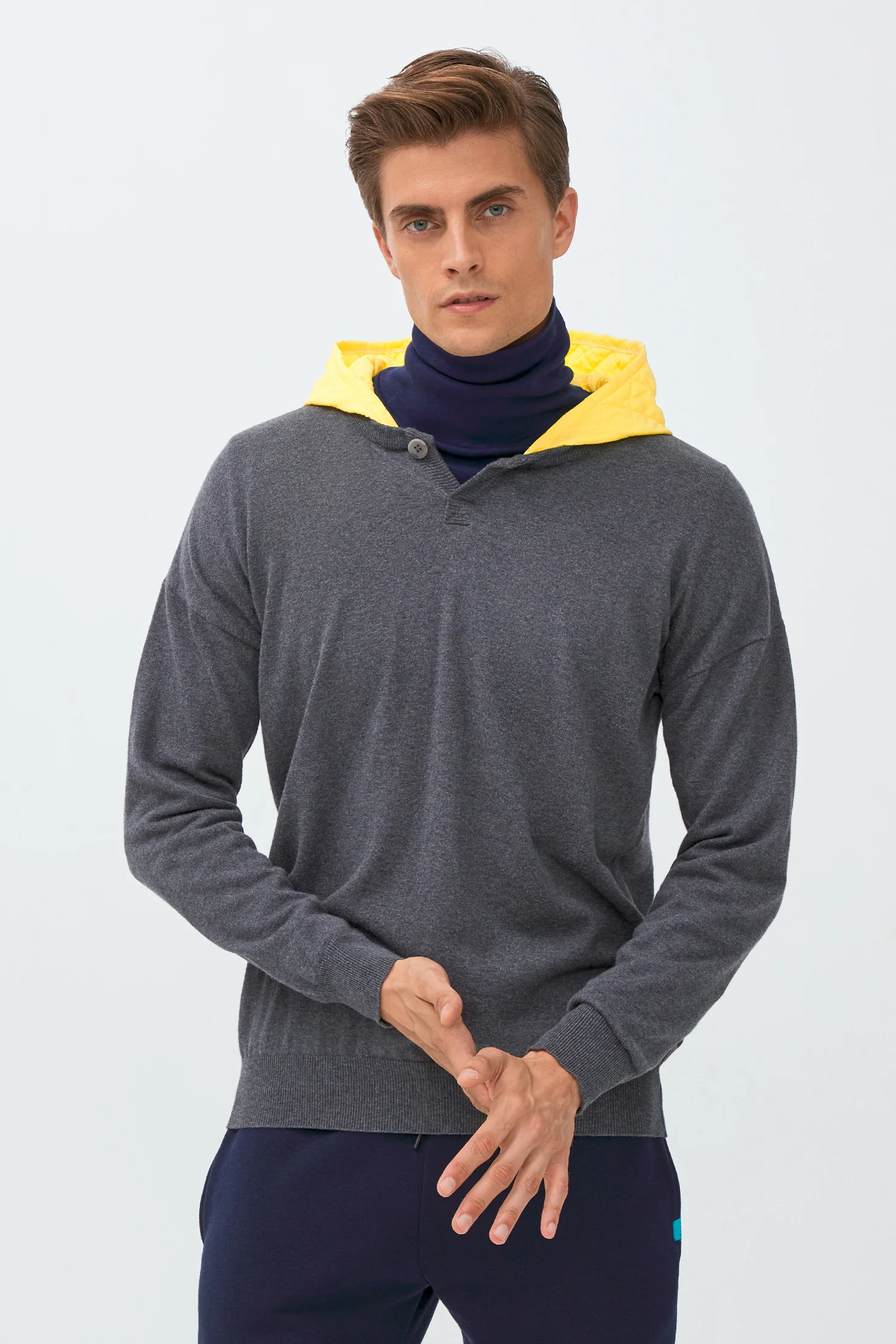 Orta Antrasit Kapüşonlu Triko/Pamuk Sweatshirt