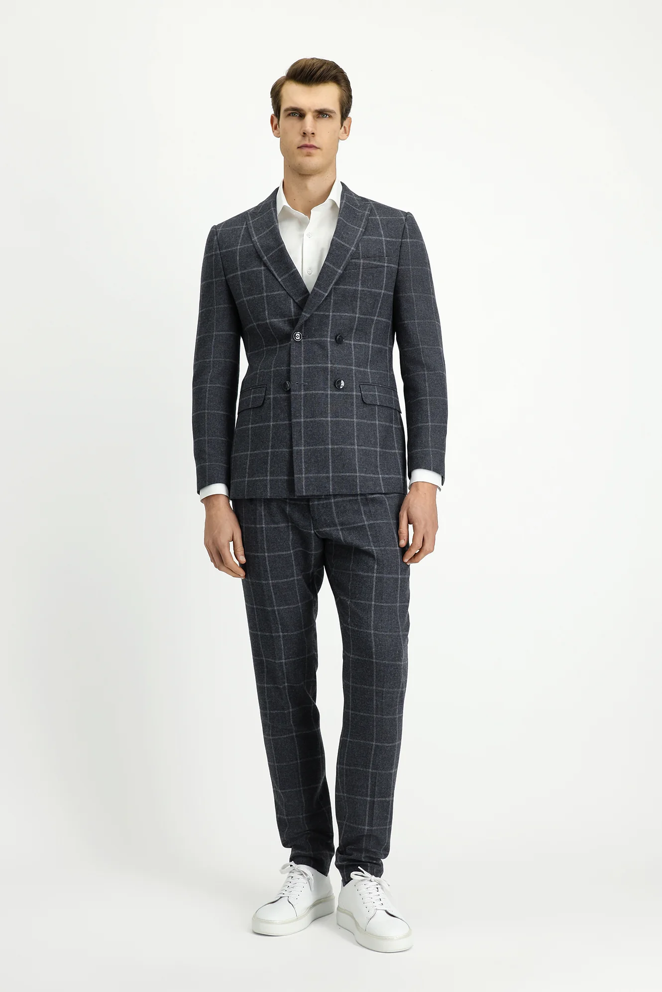 Orta Antrasit 7 Drop Super Slim Fit Eksra Dar Kesim Kareli Yünlü Kruvaze Takım Elbise - Image 2