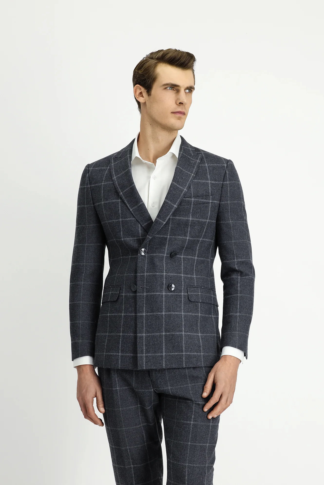 Orta Antrasit 7 Drop Super Slim Fit Eksra Dar Kesim Kareli Yünlü Kruvaze Takım Elbise - Image 3
