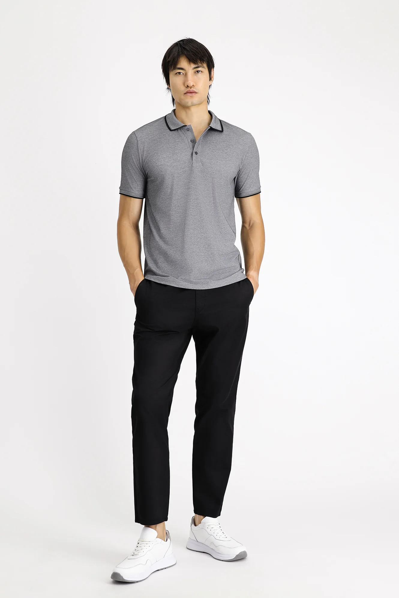 Orta Antrasit Polo Yaka Slim Fit Dar Kesim Desenli Pamuklu Tişört - Image 2