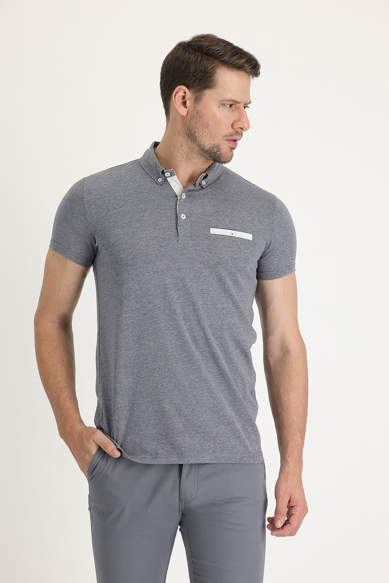 Orta Antrasit Polo Yaka Slim Fit Dar Kesim Tişört - Image 2