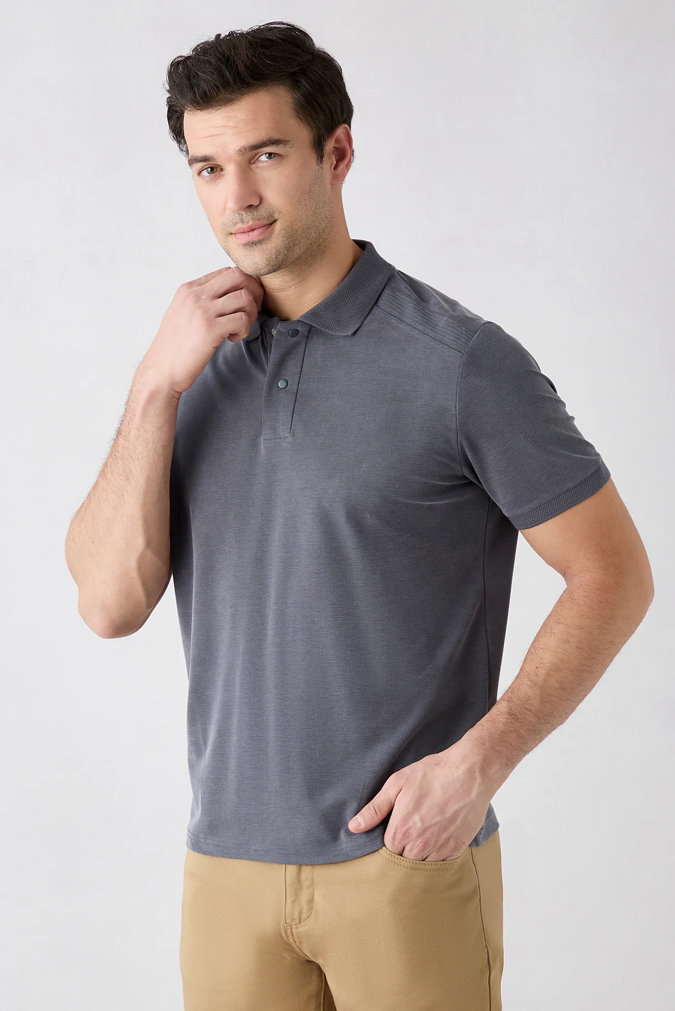 Orta Antrasit Regular Fit Çıtçıtlı Polo Yaka Ribana Detaylı Lyocell Karışımlı Tişört - Image 2