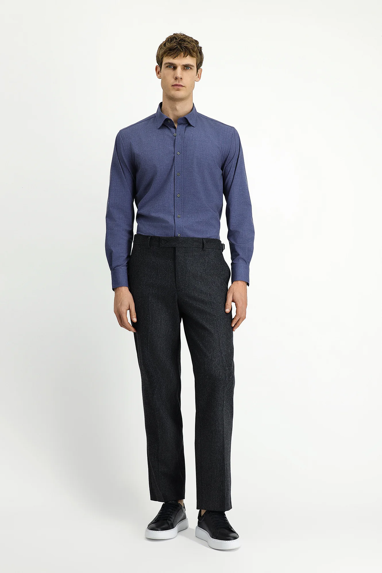 Orta Antrasit 4 Drop Relaxed Fit Rahat Kesim Tokalı Yünlü Flanel Klasik Pantolon