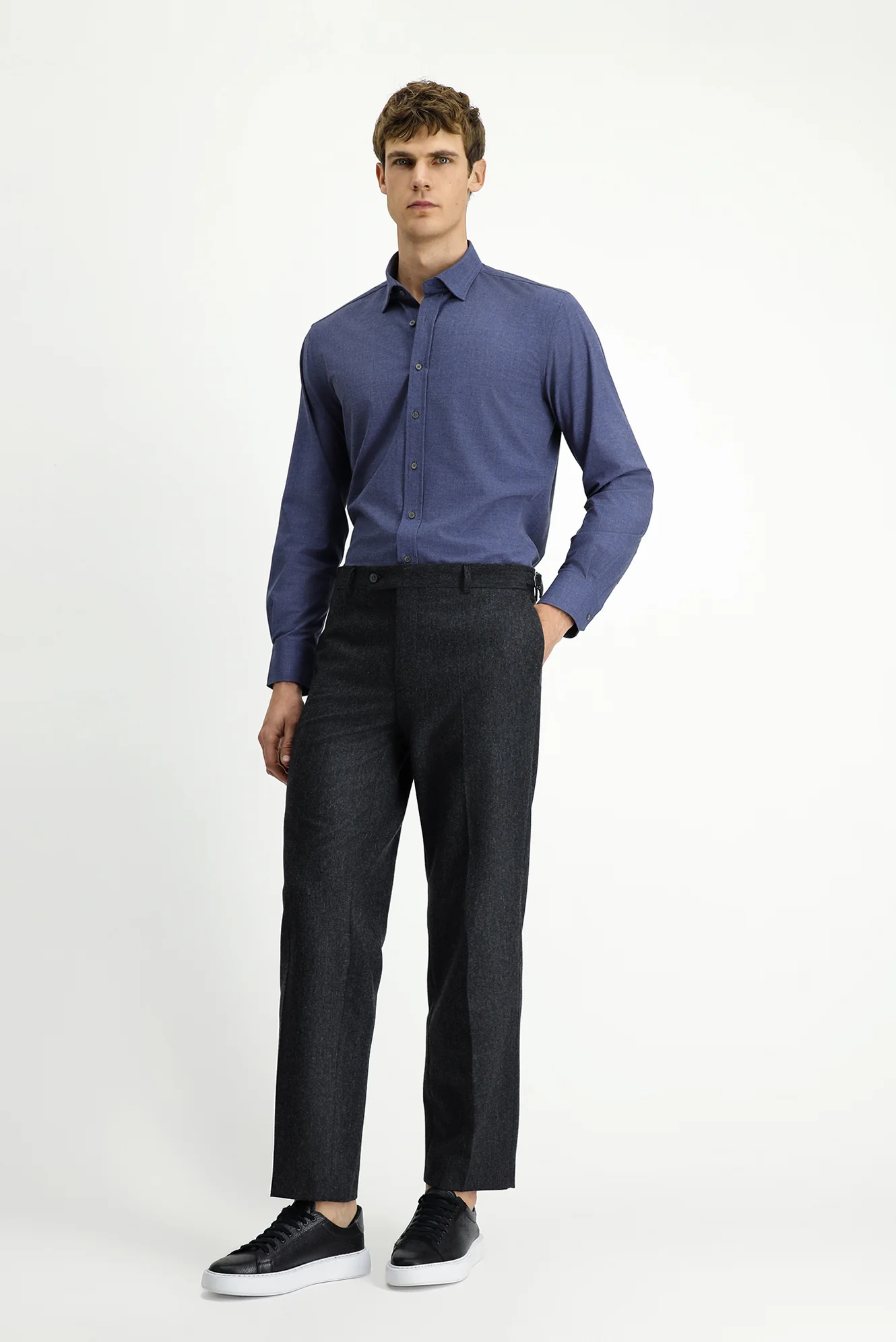 Orta Antrasit 4 Drop Relaxed Fit Rahat Kesim Tokalı Yünlü Flanel Klasik Pantolon - Image 2