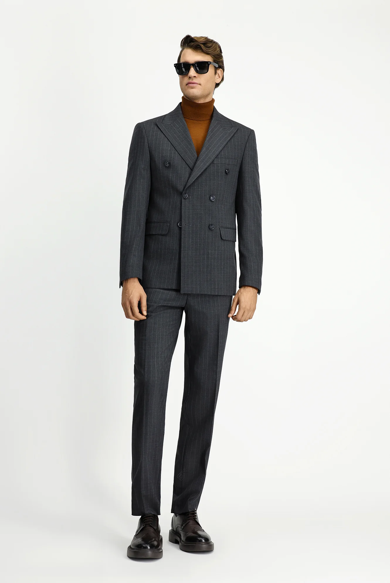 Orta Antrasit 7 Drop Slim Fit Dar Kesim Yünlü Çizgili Kruvaze Takım Elbise