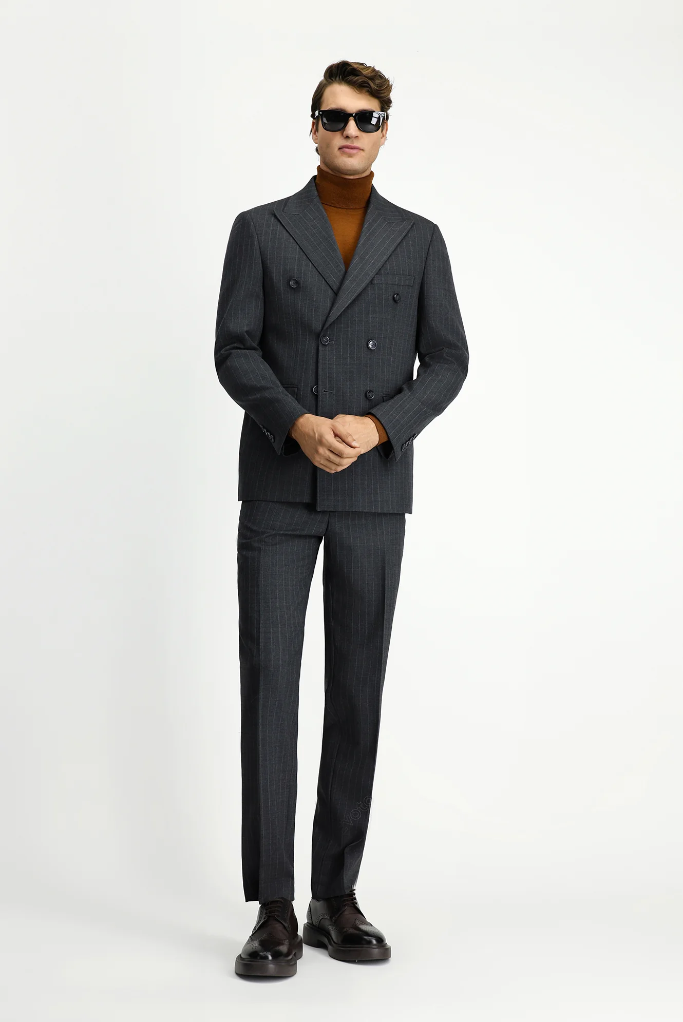 Orta Antrasit 7 Drop Slim Fit Dar Kesim Yünlü Çizgili Kruvaze Takım Elbise - Image 2