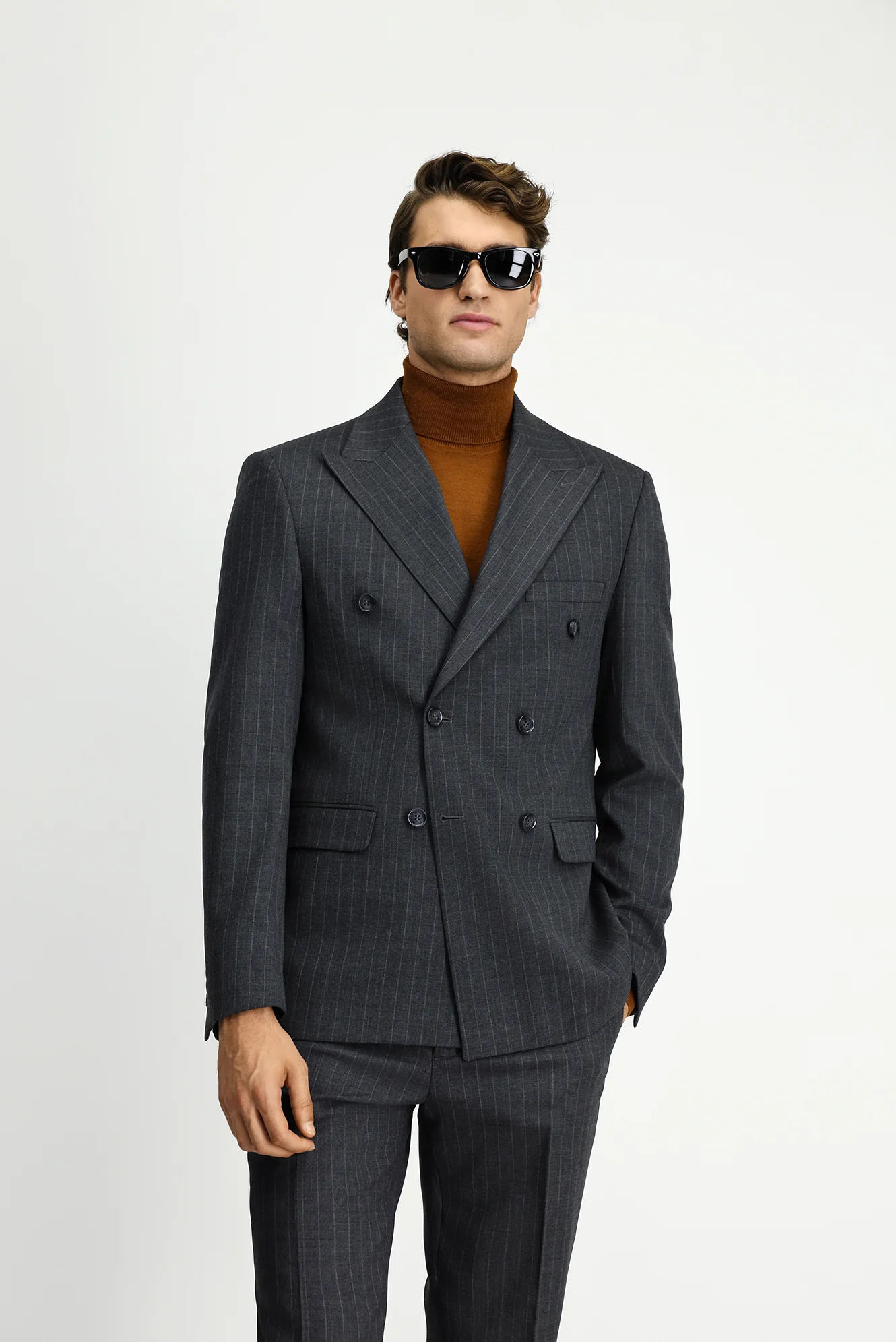 Orta Antrasit 7 Drop Slim Fit Dar Kesim Yünlü Çizgili Kruvaze Takım Elbise - Image 3