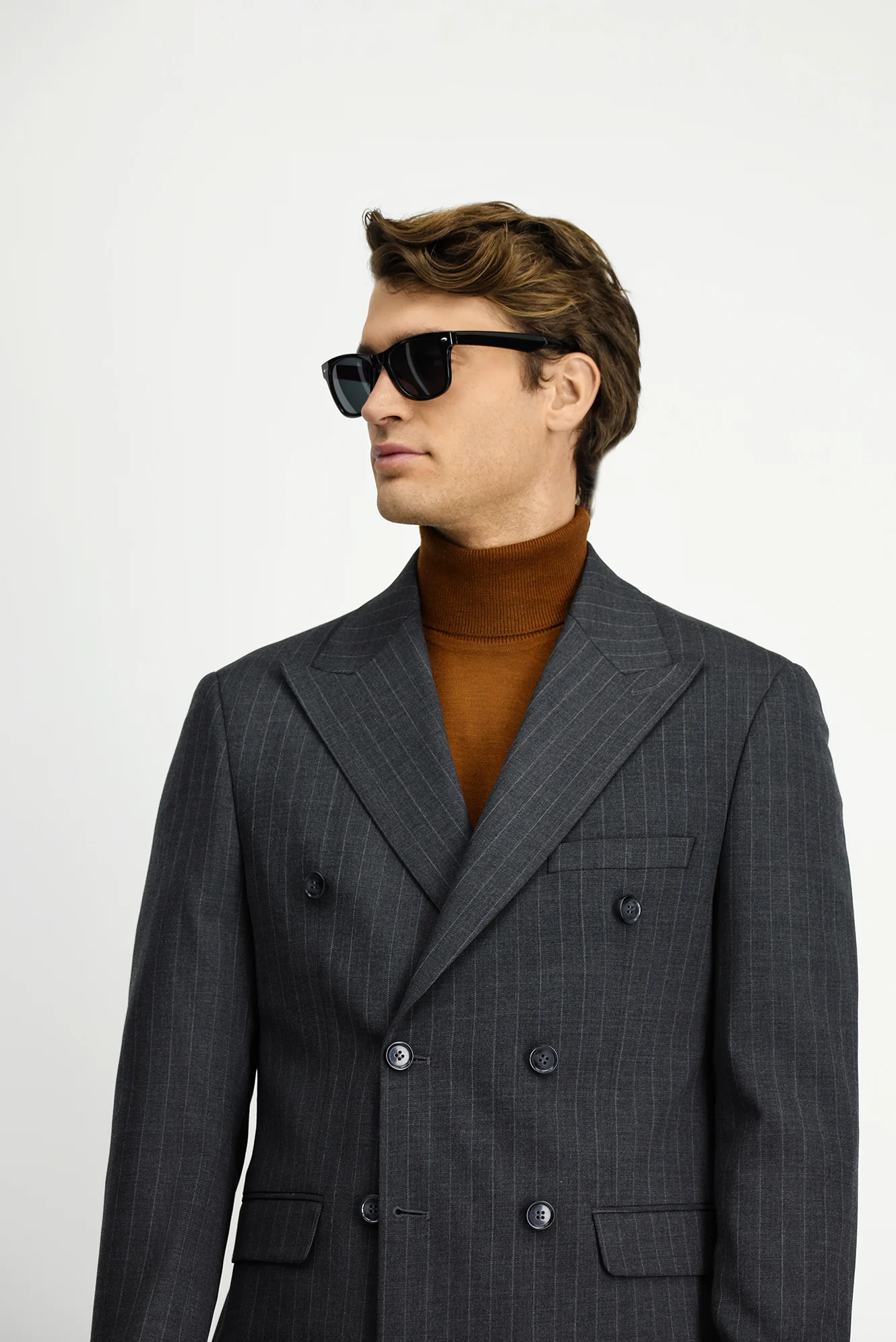 Orta Antrasit 7 Drop Slim Fit Dar Kesim Yünlü Çizgili Kruvaze Takım Elbise - Image 4