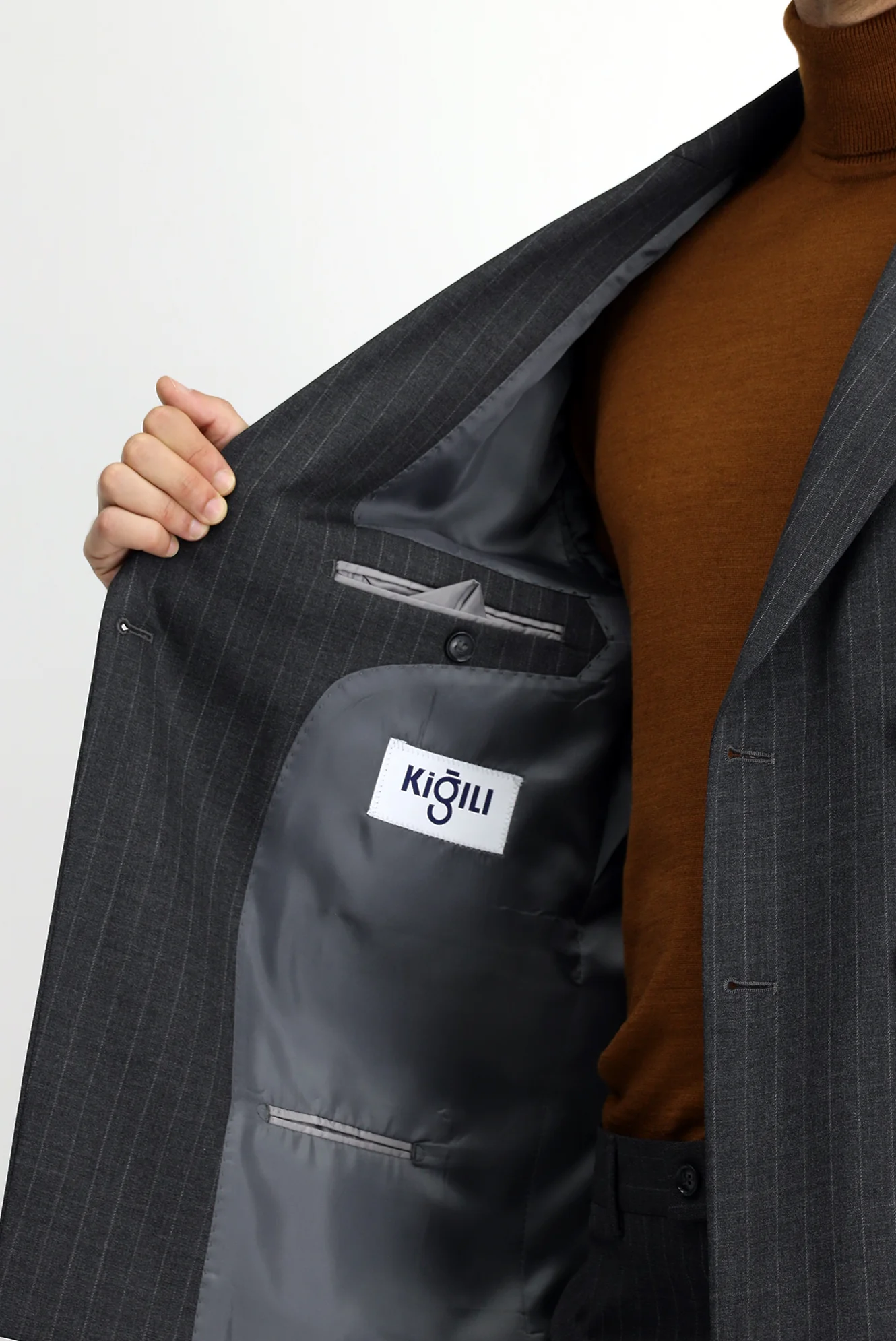 Orta Antrasit 7 Drop Slim Fit Dar Kesim Yünlü Çizgili Kruvaze Takım Elbise - Image 6