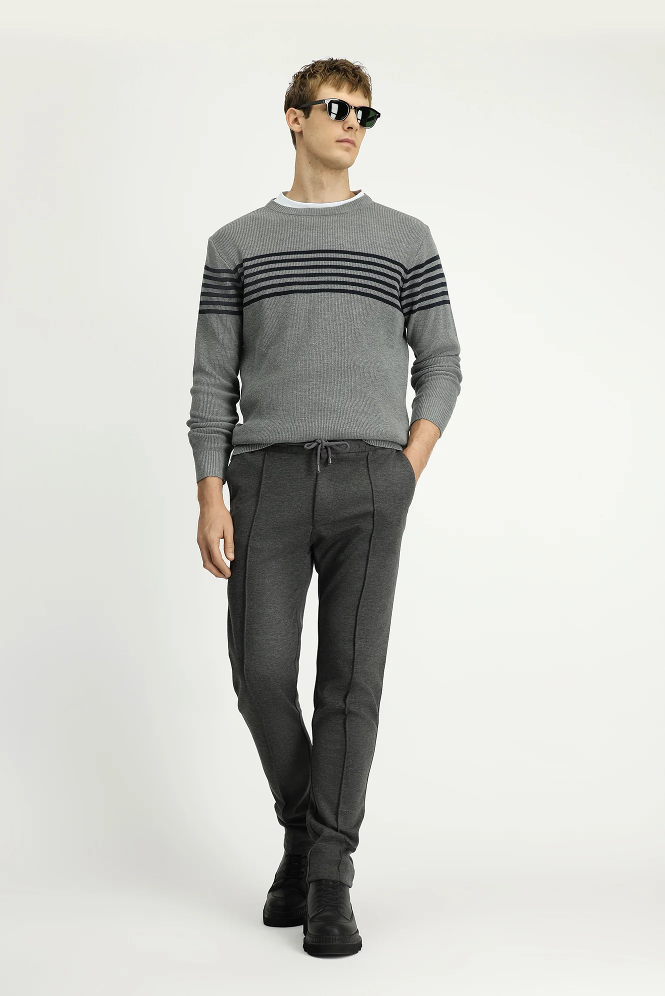 Orta Antrasit Slim Fit Dar Kesim Beli Lastikli İpli Likralı Örme Kanvas / Chino Pantolon