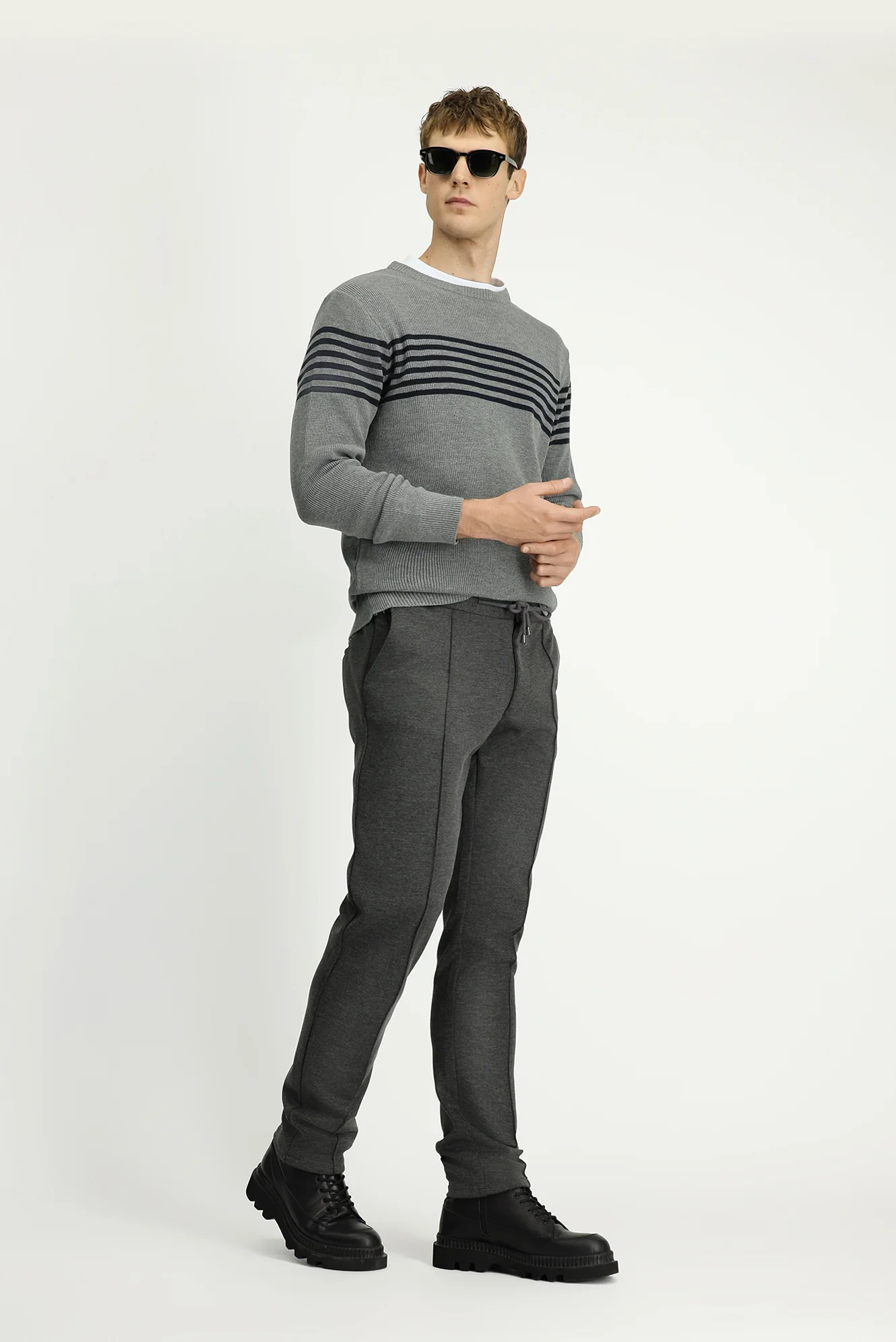 Orta Antrasit Slim Fit Dar Kesim Beli Lastikli İpli Likralı Örme Kanvas / Chino Pantolon - Image 2