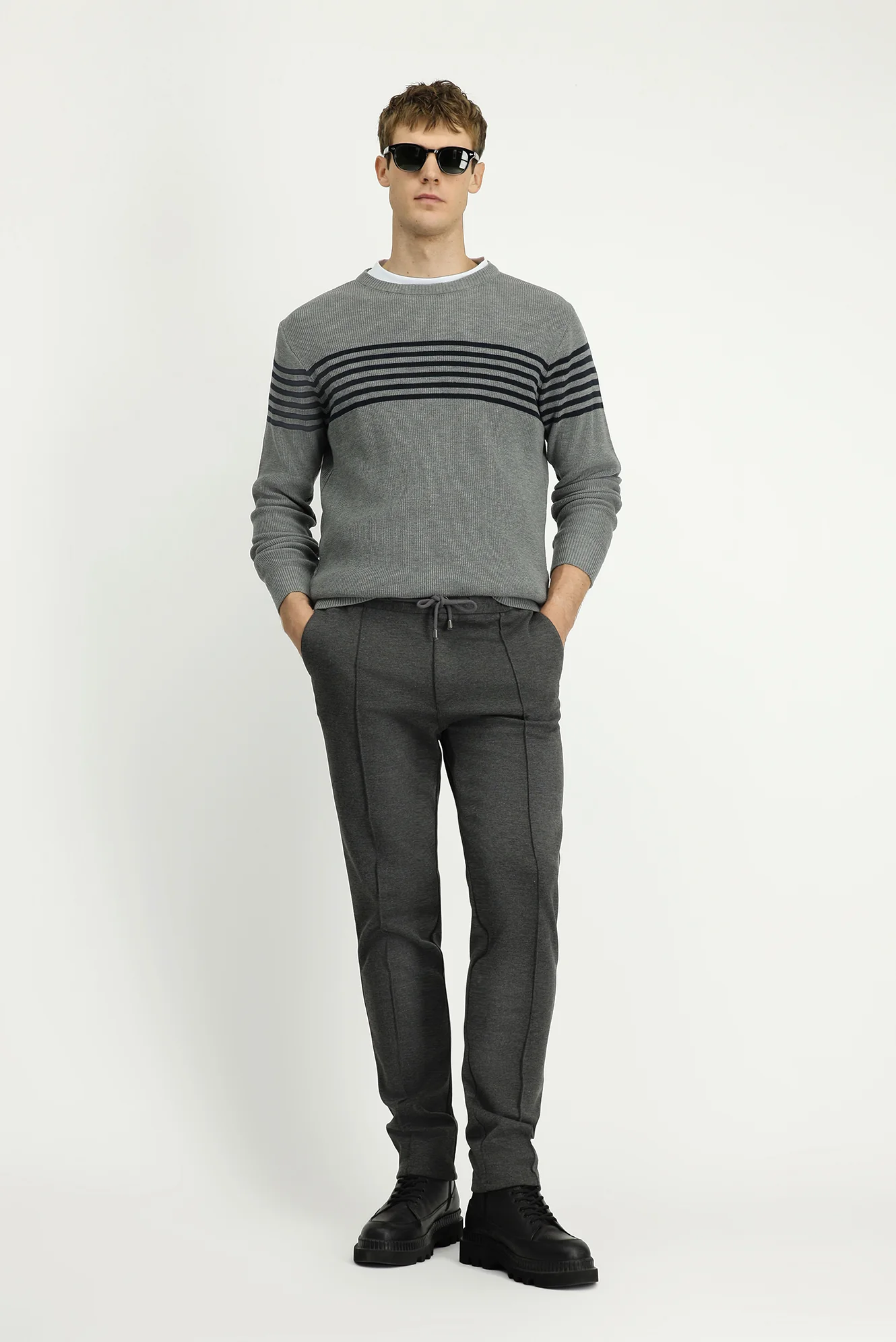 Orta Antrasit Slim Fit Dar Kesim Beli Lastikli İpli Likralı Örme Kanvas / Chino Pantolon - Image 3