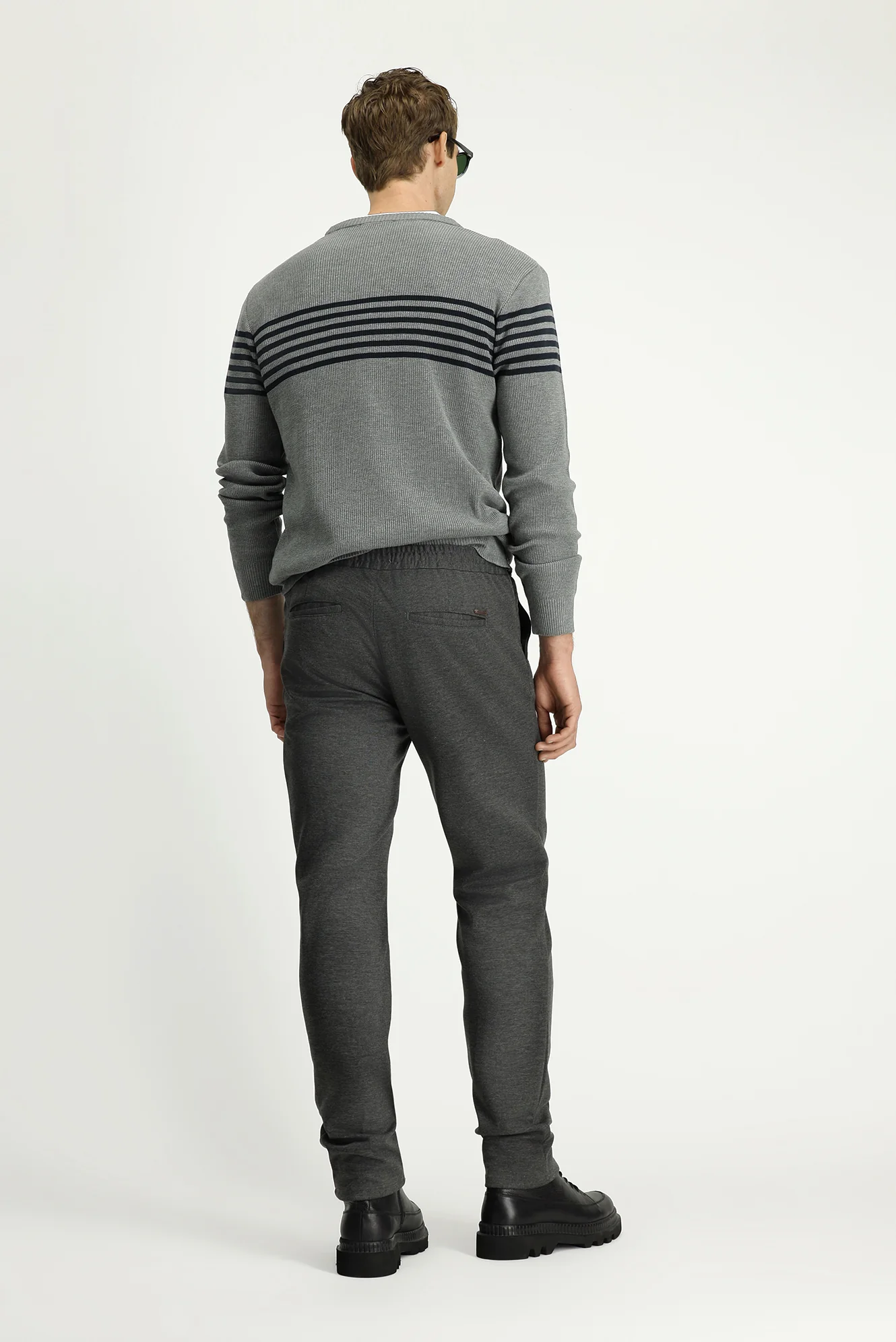 Orta Antrasit Slim Fit Dar Kesim Beli Lastikli İpli Likralı Örme Kanvas / Chino Pantolon - Image 4
