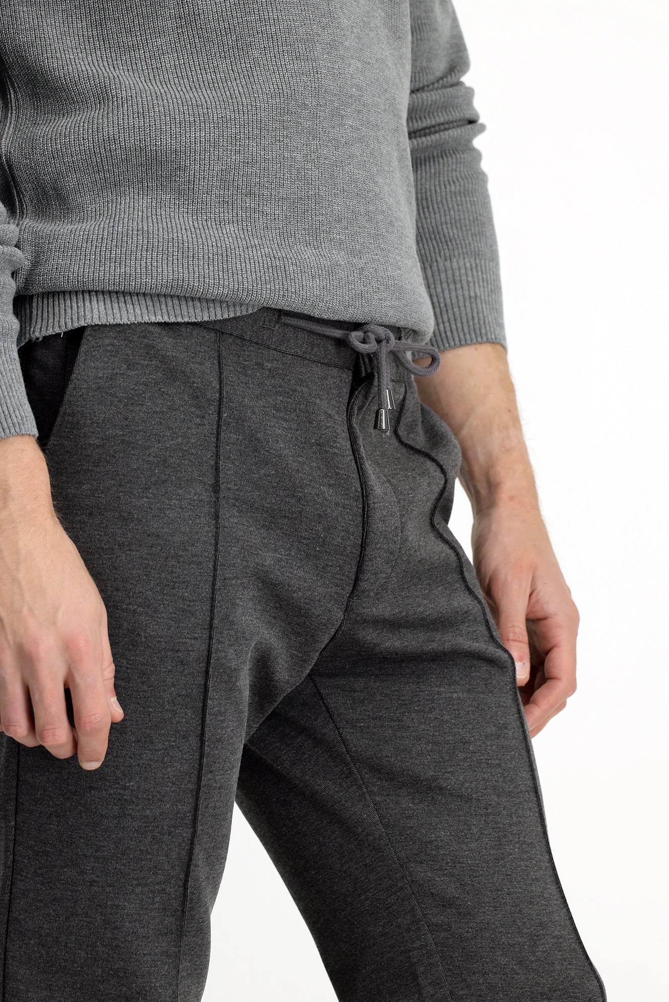 Orta Antrasit Slim Fit Dar Kesim Beli Lastikli İpli Likralı Örme Kanvas / Chino Pantolon - Image 5