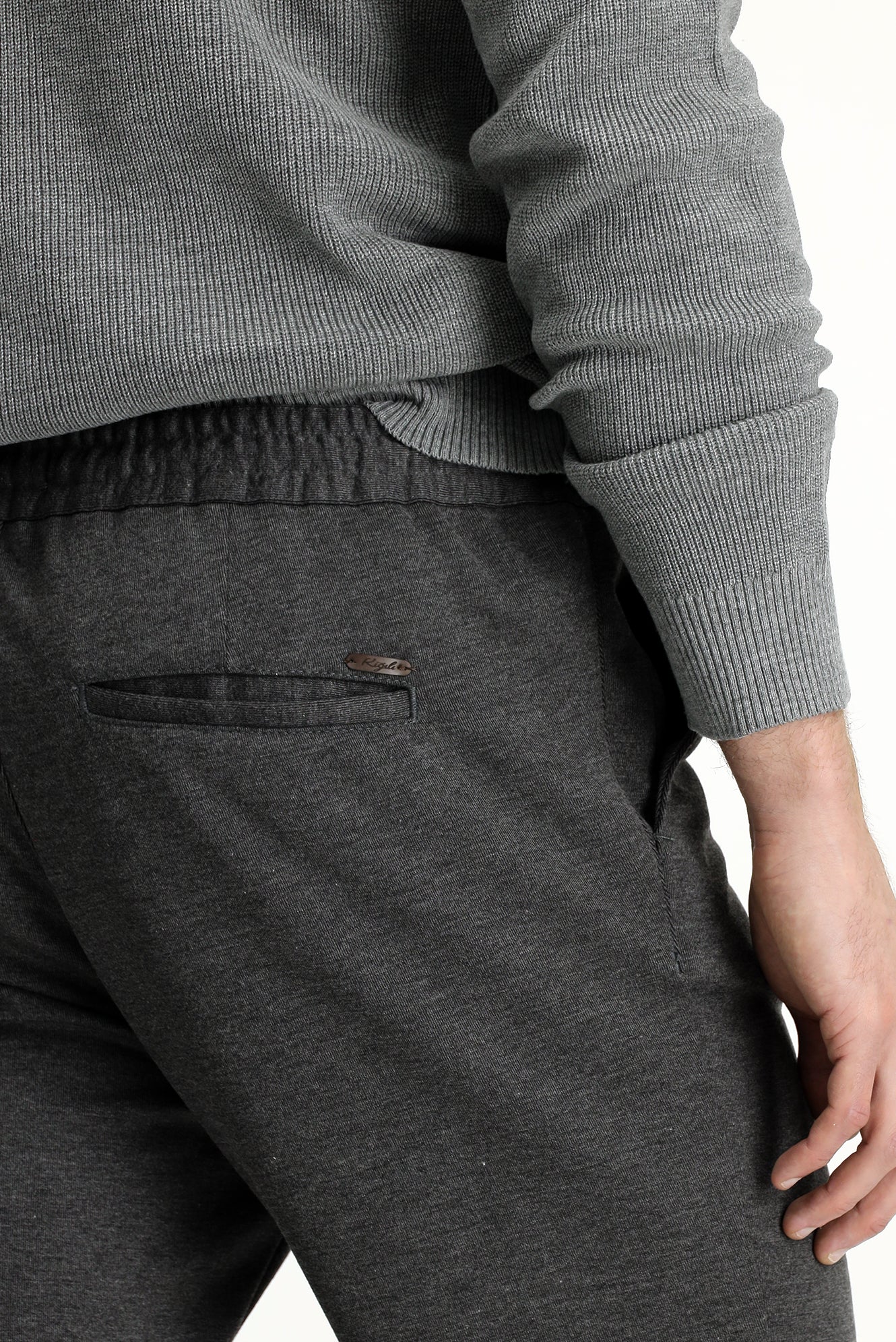 Orta Antrasit Slim Fit Dar Kesim Beli Lastikli İpli Likralı Örme Kanvas / Chino Pantolon - Image 6