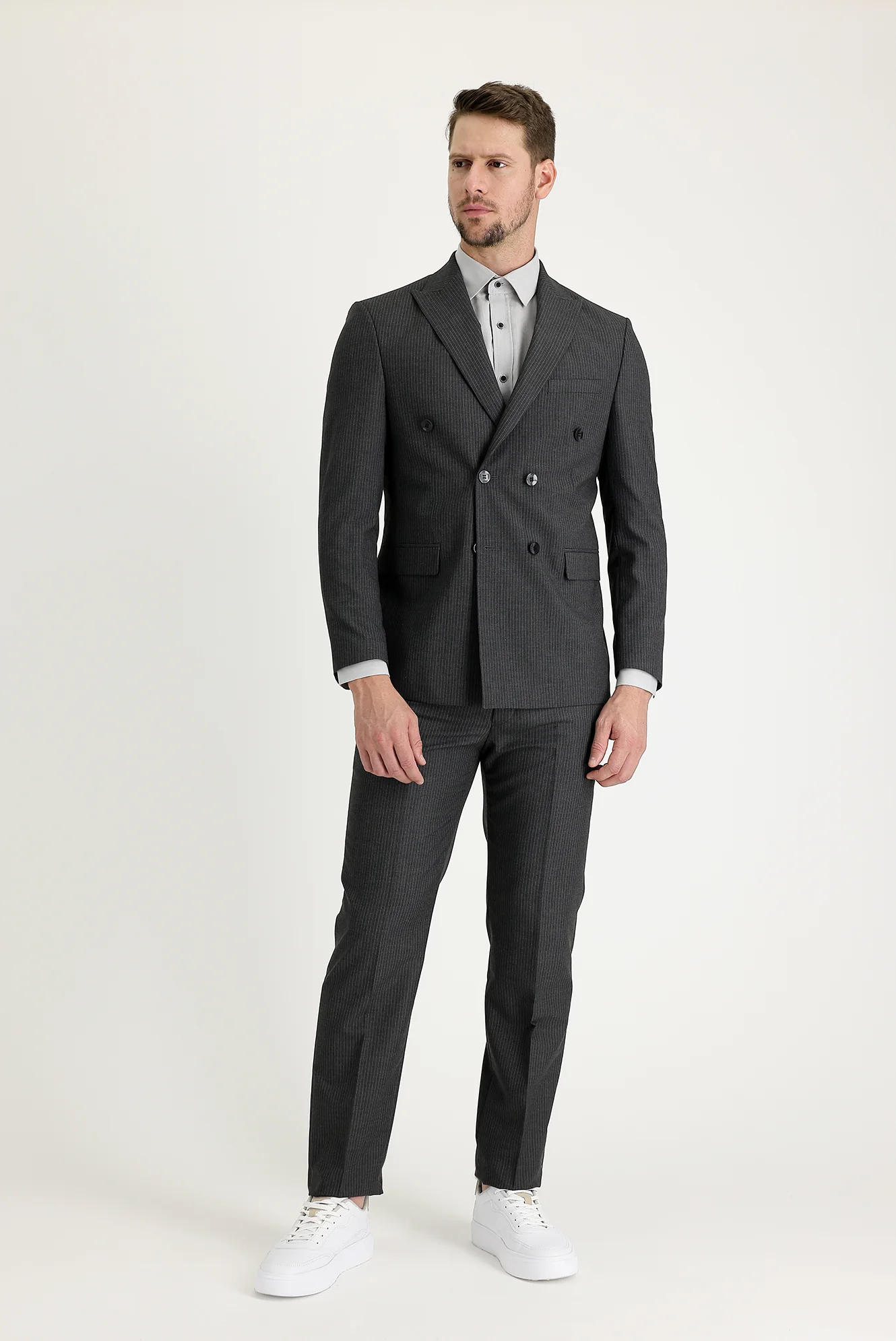 Orta Antrasit 7 Drop Slim Fit Dar Kesim Çizgili Kruvaze Takım Elbise