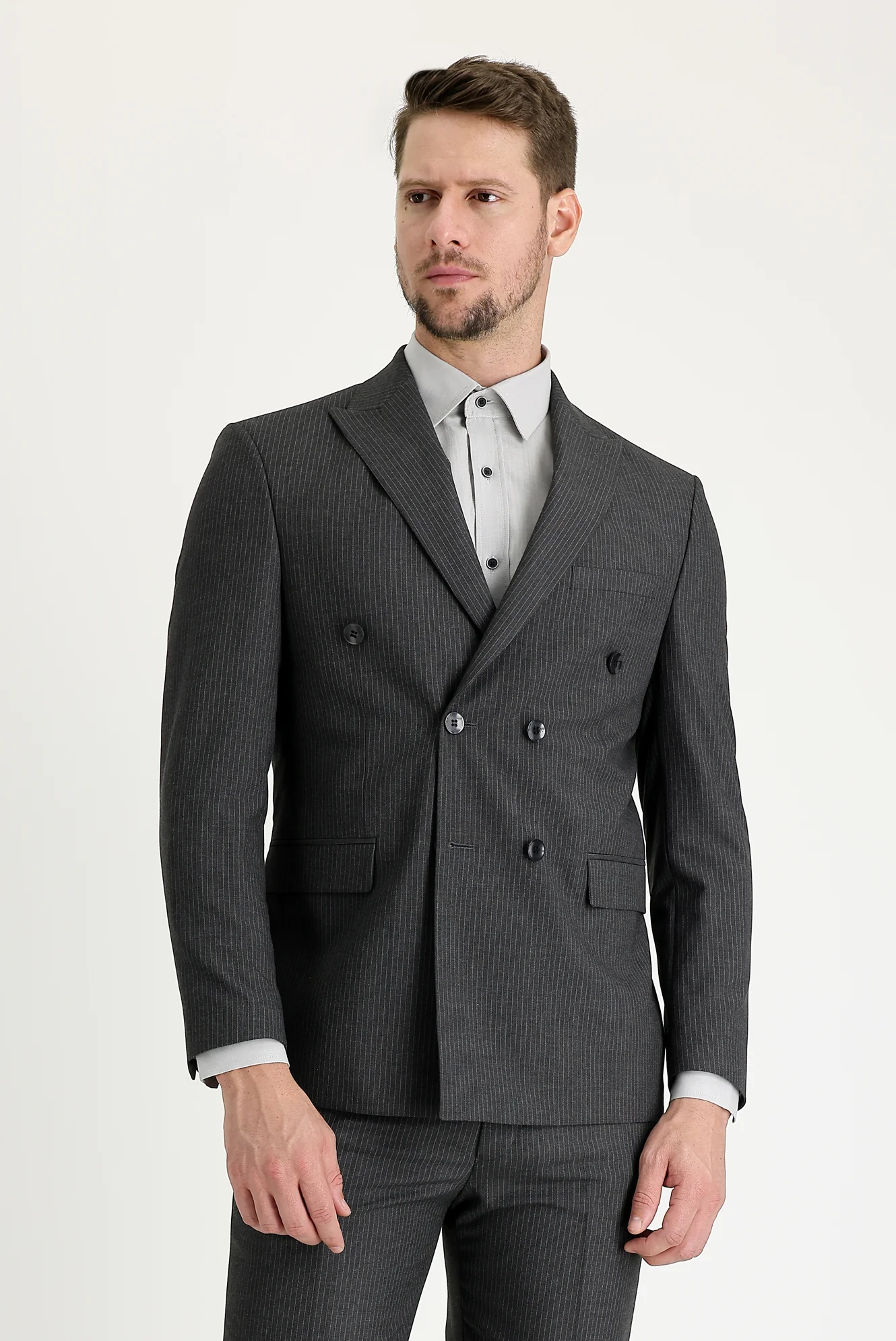 Orta Antrasit 7 Drop Slim Fit Dar Kesim Çizgili Kruvaze Takım Elbise - Image 2
