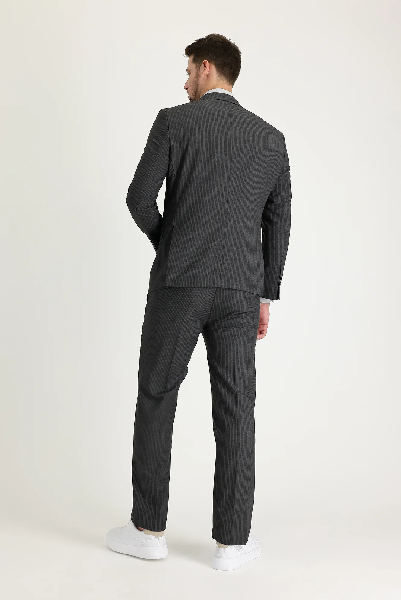 Orta Antrasit 7 Drop Slim Fit Dar Kesim Çizgili Kruvaze Takım Elbise - Image 3